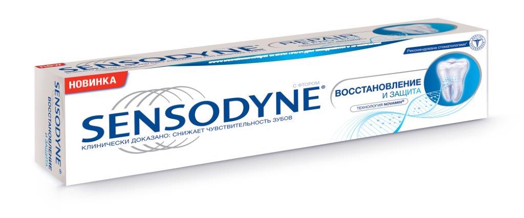 Sensodyne Зубная паста Восстановление и защита 75 млMP59.4D Sensodyne Зубная паста Восстановление и защита 75 млMP59.4D• Первая фторсодержащая зубная паста c применением уникальной передовой кальций- фосфатной технологии NovaMin® • Уникальный состав, содержащий NovaMin® и фтор, восстанавливает оголённый дентин пациентов и защищает от боли при повышенной чувствительности зубов• Содержит компонент NovaMin® с доказанной способностью образовывать прочный подобный гидроксиапатиту слой на поверхности оголённого дентина и внутри дентинных канальцев• Крепко связывается с коллагеном дентина, помогая противостоять ежедневным нагрузкам в полости рта• Обеспечивает клинически доказанное снижение чувствительности зубов