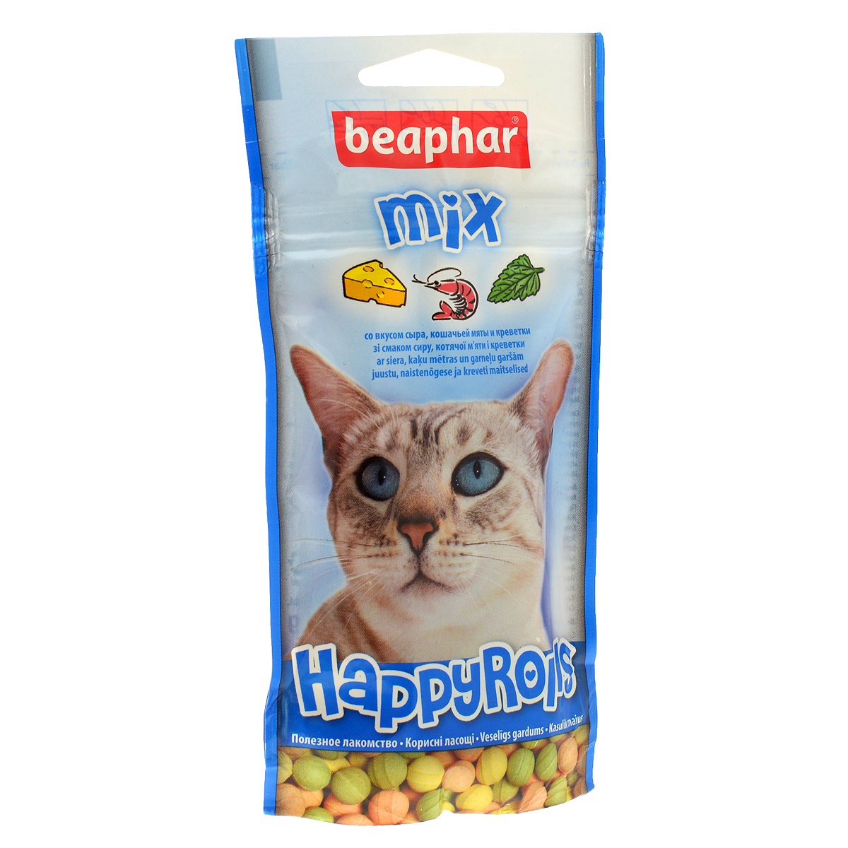 Лакомство для кошек Beaphar Happy Rolls Mix, цвет: синий, 80 шт0120710 Лакомство для кошек Beaphar Happy Rolls Mix, цвет: синий, 80 шт0120710Лакомство Beaphar Happy Rolls Mix с креветками, сыром и кошачьей мятой для кошек очень вкусно и полезно. Оно содержит витамины, минералы и микроэлементы. Улучшает настроение, а также помогает уберечь кошку от стрессов. Применяется в качестве лакомства для кошек, начиная с 6-месячного возраста. Состав: молоко и молочные продукты, сахар, минералы, мясо и мясопродукты (более 4% ливер), рыба и рыбопродукты (более 4% креветок). Анализ: протеин (8,8%), жиры (2,8%), клетчатка (7,4%), зола (12,8%), влага (4,7%), кальций (1,8%), фосфор (1,3%), натрий (0,2%).Добавки: микрокристаллическая целлюлоза Е 460, стеарат кальция E 470. Количество в упаковке: 80 шт. Товар сертифицирован.