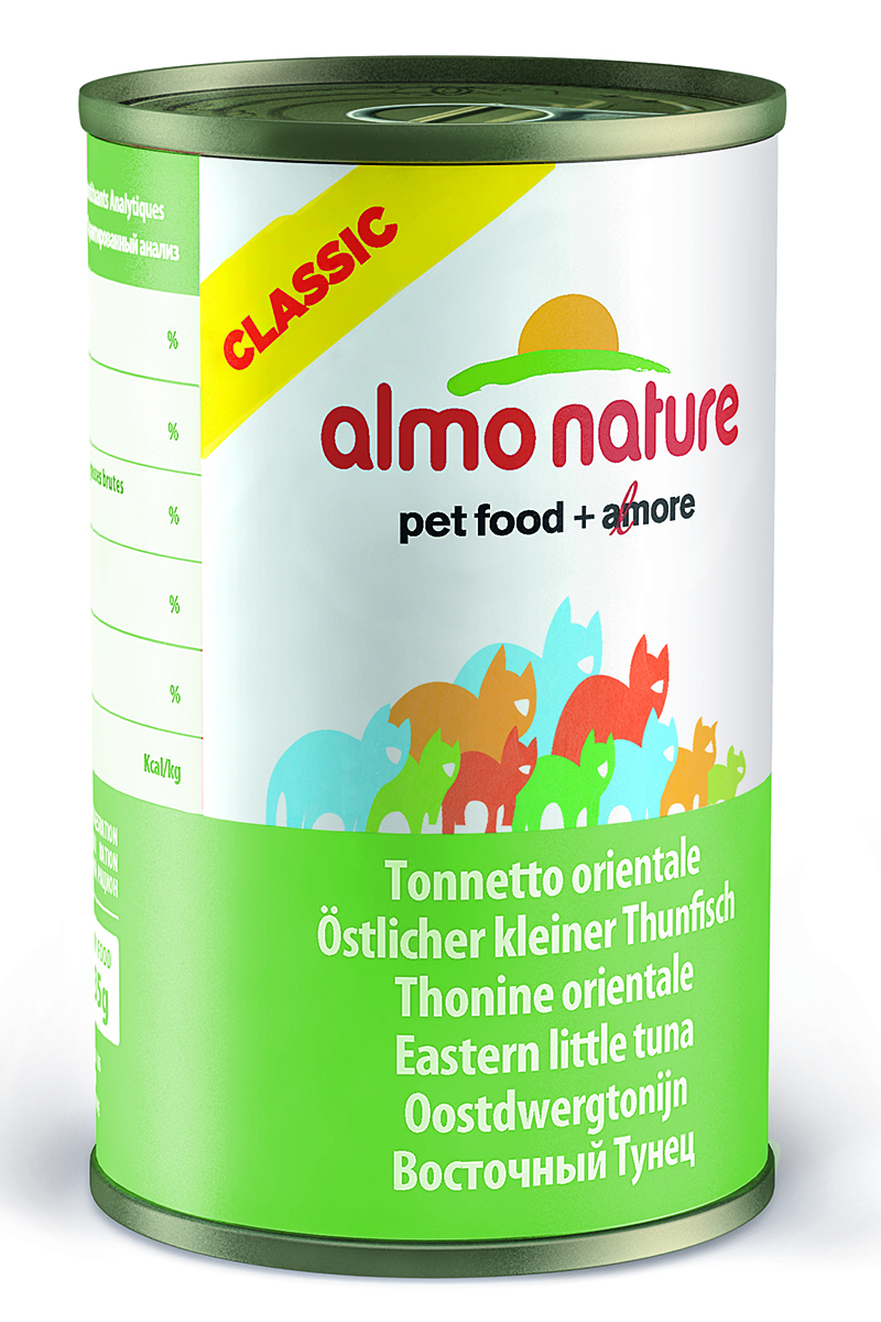 Консервы для кошек Almo Nature Classic, с пятнистым индо-тихоокеанским тунцом, 140 г101246 Консервы для кошек Almo Nature Classic, с пятнистым индо-тихоокеанским тунцом, 140 г101246Консервы Almo Nature Classic - это супер-премиум корм для кошек в банке с ключом, которая сохраняет свежесть каждого кусочка. Корм изготовлен только из свежих высококачественных натуральных ингредиентов, что обеспечивает здоровье вашей кошки. Не содержит ГМО, антибиотиков, химических добавок, консервантов и красителей.Состав: пятнистый индо-тихоокеанский тунец 55%, рыбный бульон 24%, рис 1%.Гарантированный анализ: белки 20%, клетчатка 0,1%, жиры 0,5%, зола 2%, влажность 77%.Товар сертифицирован.