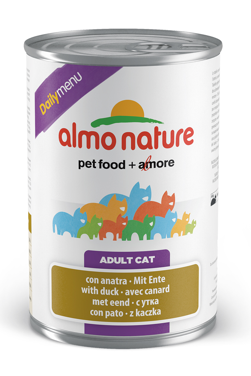 Консервы для кошек Almo Nature Daily Menu, с уткой, 400 г0120710 Консервы для кошек Almo Nature Daily Menu, с уткой, 400 г0120710Консервы Almo Nature Daily Menu - это супер-премиум корм для кошек в банке с ключом, которая сохраняет свежесть каждого кусочка. Корм изготовлен только из свежих высококачественных натуральных ингредиентов, что обеспечивает здоровье вашей кошки. Не содержит химических, или каких-либо других искусственных ингредиентов.Состав: мясо и его производные, яйца и яичные продукты, минералы, экстракт растительного белка.Пищевые добавки: витамин A - 1415 IU/кг, витамин D3 - 150 IU/кг, витамин E - 19 мг/кг, сульфат меди пентагидрат - 3,2 мг/кг; технологические добавки: камедь кассии - 3000 мг/кг. Пищевая ценность: белки 7,5%, клетчатка 0,1%, масла и жиры 5,5%, зола 3%, влажность 81,5%. Калорийность: 814 ккал/кг.Товар сертифицирован.