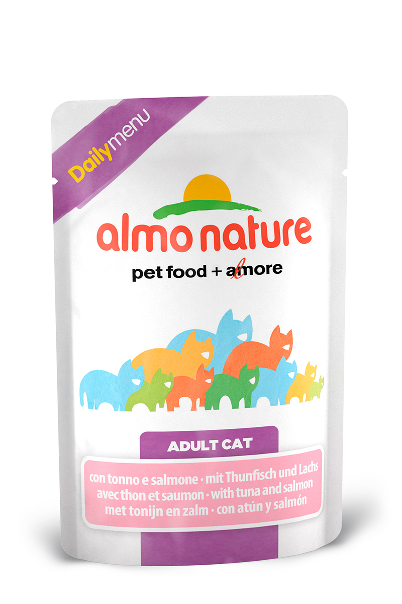 Консервы для взрослых кошек Almo Nature Daily, с тунцом и лососем, 70 г0120710 Консервы для взрослых кошек Almo Nature Daily, с тунцом и лососем, 70 г0120710Консервы Almo Nature Daily - это корм, рекомендованный взрослым кошкам. Угощениеизготавливается из свежих и натуральных ингредиентов, которые были упакованы сырыми, затем стерилизованы, чтобы сохранить питательные вещества и вкус. Ваш питомец будет в полном восторге.Не содержит сои, консервантов, ароматизаторов, искусственных красителей, усилителей вкуса.Состав: тунец >9%, морская рыба >7%, лосось >4%, курица >7%, кукурузный глютен, яйца, морковь -1,6%, горох - 1,6%, рис - 1,4%.Гарантированный анализ: белки – 11%, клетчатка - 1%, жиры - 3%, зола - 3%, влажность – 80%.Товар сертифицирован.