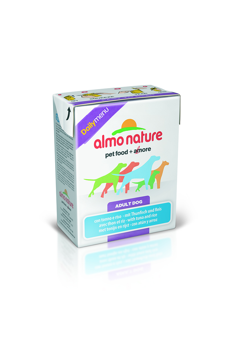 Консервы для собак Almo Nature Daily Menu, с тунцом и рисом, 375 г0120710 Консервы для собак Almo Nature Daily Menu, с тунцом и рисом, 375 г0120710Almo Nature Daily Menu - это повседневный консервированный корм для собак, приготовленный из натуральных ингредиентов самого высокого качества и содержащий витамины и минералы.Не содержит гормоны, антибиотики, искусственные красители, ароматизаторы, консерванты, ГМО.Состав: курица и ее производные (курица – 39%), рыба и ее производные (тунец - 15%), натуральный бульон, рис – 3,7%, витамин Е – 33 мг/кг.Гарантированный анализ: белки – 10%, клетчатка – 0,2%, жиры – 5%, зола – 2%, влажность – 78%.Товар сертифицирован.