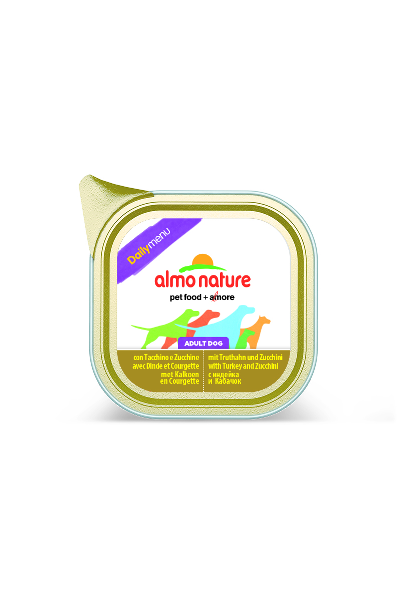 Консервы для собак Almo Nature Daily Menu, с индейкой и цуккини, 100 г0120710 Консервы для собак Almo Nature Daily Menu, с индейкой и цуккини, 100 г0120710Консервы Almo Nature Daily Menu - сбалансированный влажный корм для собак, изготовленный из ингредиентов высшего качества, являющихся натуральными источниками витаминов и питательных веществ. Состав: мясо и его производные (индейка 4%), овощи (цуккини 4%), минералы. Добавки: витамин D3 218 МЕ/кг, витамин E 125 мг/кг, витамин B1 62 мг/кг; камедь кассии 2853 мг/кг. Пищевая ценность: белки 10%, клетчатка 0,8%, жиры 5%, зола 2,5%, влажность 81%. Калорийность: 878 ккал/кг.Товар сертифицирован.