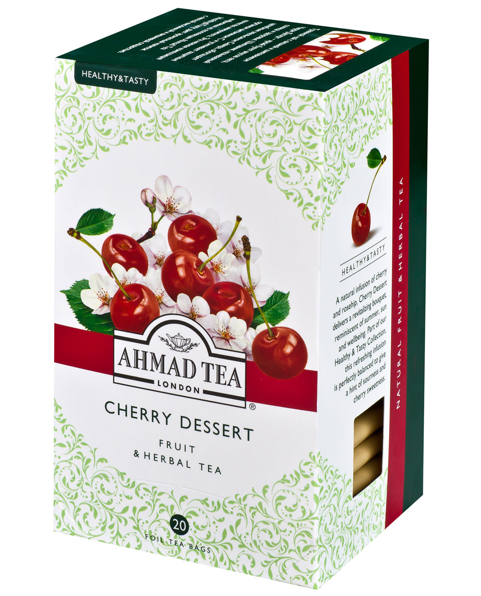 Ahmad Tea Cherry Dessert травяной чай в фольгированных пакетиках, 20 шт0120710 Ahmad Tea Cherry Dessert травяной чай в фольгированных пакетиках, 20 шт0120710Травяной чай с вишней и шиповником Ahmad Cherry Dessert - яркий букет вкусов лета, солнца и оптимизма. Шиповник называют целебным апельсином Севера благодаря повышенному содержанию витамина С. Эта нежная композиция инфьюжен из коллекции Ahmad Tea Healthy&Tasty дает ароматный напиток с легкой кислинкой и вишневой сладостью.Заваривать 5 минут.