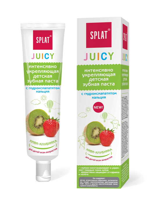 Интенсивно укрепляющая детская зубная паста Splat Juicy «КИВИ-КЛУБНИКА / Kiwi-Strawberry», 35 мл5010777139655 Интенсивно укрепляющая детская зубная паста Splat Juicy «КИВИ-КЛУБНИКА / Kiwi-Strawberry», 35 мл5010777139655Интенсивно укрепляющая детская зубная паста SPLAT Juicy КИВИ-КЛУБНИКАИнтенсивно укрепляющая зубная паста Splat Juicy КИВИ-КЛУБНИКА с гидроксиапатитом кальция идеально подходит для уязвимой детской эмали.Гидроксиапатит кальция (mHAP) в наноформе проникает глубоко в эмаль и делает ее крепче, замуровывая повреждения подобно пломбе, возвращает поверхности естественную гладкость и устойчивость к воздействию бактерий и кислот. Натуральная, защищенная патентом система Luctatol® эффективно ингибирует образование мягкого зубного налета и направленно уничтожает кариесогенные бактерии Streptococcus mutans. Гель Алоэ Вера обладает увлажняющими и противовоспалительными свойствами, успокаивает и заживляет десны.Пасты SPLAT Juicy глубоко восстанавливают и укрепляют твердые ткани зубов, эффективно защищают от кариеса и налета. Паста НЕ содержит: фтор, агрессивные абразивы, антисептики, спирт, синтетические растворители, ПЭГ, SLS и другие синтетические пенящиеся компоненты.Пасту рекомендуется использовать утром и вечером в течение 2 минут, после приема пищи. В течение дня для защиты от кариеса используйте очищающие пенки SPLAT Junior с системой Luctatol®. Объем: 35 мл