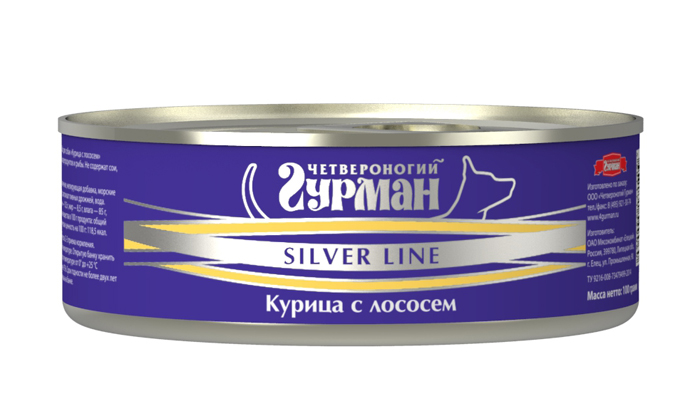 Консервы для собак Четвероногий гурман Silver Line, курица с лососем в желе, 100 г0120710 Консервы для собак Четвероногий гурман Silver Line, курица с лососем в желе, 100 г0120710Консервы для собак Четвероногий гурман Silver Line - это влажный мясной корм с добавлением настоящей морской рыбы и превосходных морепродуктов. В производстве используется сырье стандарта Human grade, пригодное для употребления в пищу человеком. Корм обогащен натуральным витаминным комплексом (морские водоросли, пивные дрожжи, рыбий жир) и полиненасыщенными жирными кислотами омега-3 и омега-6. Состав: мясо куриное, лосось, масло подсолнечное, желирующая добавка, морские водоросли, соль йодированная, рыбий жир, автолизат пивных дрожжей, вода. Пищевая ценность (в 100 г продукта): протеин 10,5 г, жир 8,5 г, влага 85 г, сырая зола 2 г, соль 0,8 г. Минеральные вещества (в 100 г продукта): фосфор 0,95 г, кальций 0,2 г. Энергетическая ценность (на 100 г): 118,5 ккал.Товар сертифицирован.