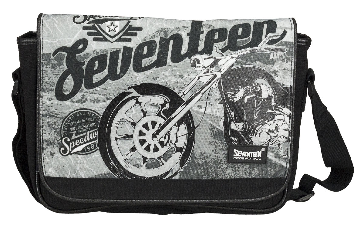 Сумка молодежная Seventeen, цвет: черный, серый. SVCB-RT6-953272523WD Сумка молодежная Seventeen, цвет: черный, серый. SVCB-RT6-953272523WDСумка молодежная Seventeen изготовлена из прочного, износостойкого материала черного и серого цветов и оформлена изображением мотоцикла.Сумка имеет одно большое отделение, которое закрывается клапаном на две магнитные кнопки. Внутри отделения имеется прорезной карман на застежке-молнии. Лямка регулируется по длине.Такую сумку можно использовать для повседневных прогулок, отдыха и спорта, а также как элемент вашего имиджа.