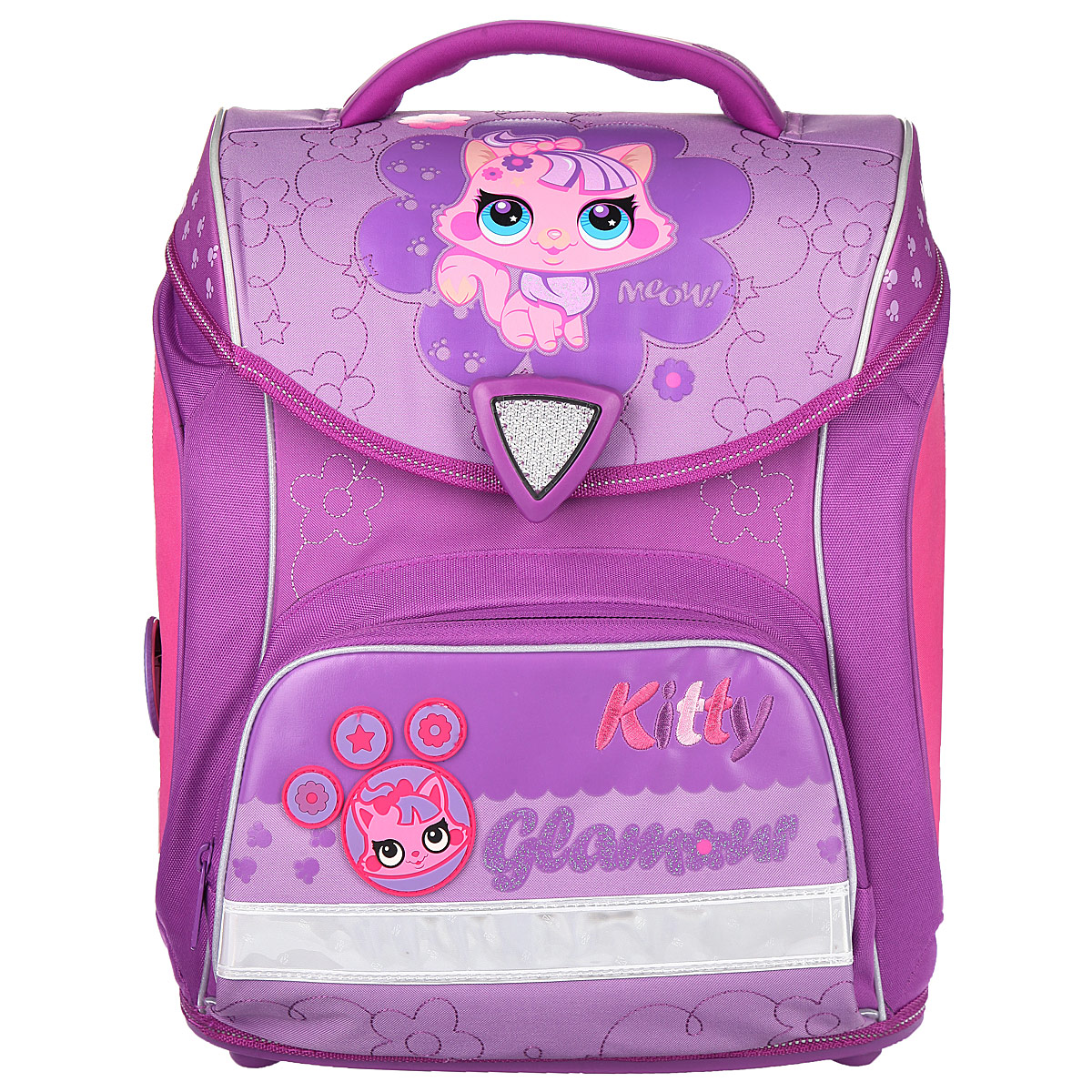 Ранец школьный Hummingbird Kitty Glamour, цвет: фиолетовый, розовый. H472523WD Ранец школьный Hummingbird Kitty Glamour, цвет: фиолетовый, розовый. H472523WDЭргономичный школьный ранец с жесткой конструкцией Hummingbird Kitty Glamour выполнен из современного пористого EVA материала, отличающегося легкостью и долговечностью. Изделие оформлено изображением котенка и дополнено значком с изображением котенка.Ранец имеет одно основное отделение, закрывающееся на замок-вертушку. Внутри главного отделения расположены: нашитый карман на молнии, два накладных кармана с жесткими стенками и резинкой-фиксатором, два накладных пластиковых кармашка. Пластиковые кармашки предназначены для расписания урокови для вкладыша с адресом и ФИО владельца(вкладыши для заполнения идут в комплекте). На лицевой стороне ранца расположен накладной карман на молнии.Рельеф спинки ранца разработан с учетом особенности детского позвоночника.Ранец оснащен эргономичной ручкой для переноски, двумя широкими лямками, регулируемой длины, и петлей для подвешивания. Дно ранца выполнено из прочного пластика.В комплекте с изделием поставляется мешок для сменной обуви, выполненный в единой цветовой гамме с ранцем. Мешок оснащен сетчатой вставкой.Многофункциональный школьный ранец Hummingbird Kitty Glamour станет незаменимым спутником вашего ребенка в походах за знаниями.