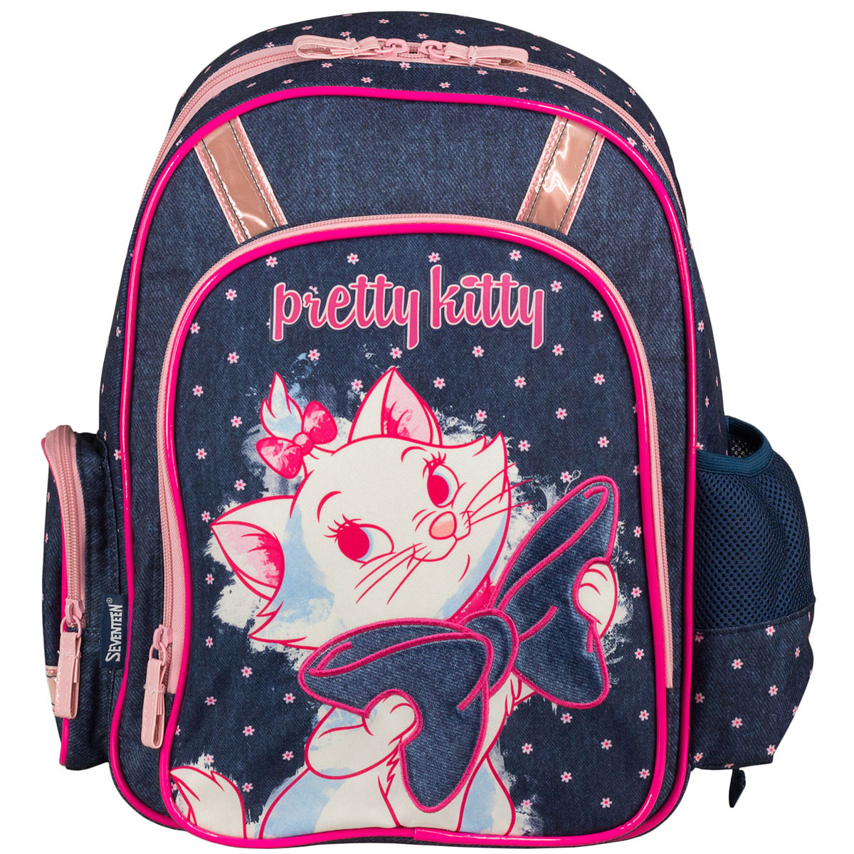 Рюкзак школьный Marie Cat, цвет: темно-синий, розовый. MCCB-UT1-83672523WD Рюкзак школьный Marie Cat, цвет: темно-синий, розовый. MCCB-UT1-83672523WDСтильный школьный рюкзак Marie Cat обязательно понравится вашей школьнице. Выполнен из прочных и высококачественных материалов, дополнен изображением милой кошечки с бантиком.Содержит одно вместительное отделение, закрывающееся на застежку-молнию с двумя бегунками. Внутри отделения находятся две перегородки для тетрадей или учебников, а также открытый карман-сетка. Дно рюкзака можно сделатьжестким, разложив специальную панель с пластиковой вставкой, что повышает сохранность содержимого рюкзака и способствует правильному распределению нагрузки. Лицевая сторона оснащена накладным карманом на молнии. По бокам расположены два накладных кармана: на застежке-молнии и открытый, стянутый сверху резинкой. Специально разработанная архитектура спинки со стабилизирующими набивными элементами повторяет естественный изгиб позвоночника. Набивные элементы обеспечивают вентиляцию спины ребенка. Плечевые лямки анатомической формы равномерно распределяют нагрузку на плечевую и воротниковую зоны. Конструкция пряжки лямок позволяет отрегулировать рюкзак по фигуре. Рюкзак оснащен эргономичной ручкой для удобной переноски в руке. Светоотражающие элементы обеспечивают безопасность в темное время суток.Многофункциональный школьный рюкзак станет незаменимым спутником вашего ребенка в походах за знаниями.Вес рюкзака без наполнения: 700 г.Рекомендуемый возраст: от 7 лет.