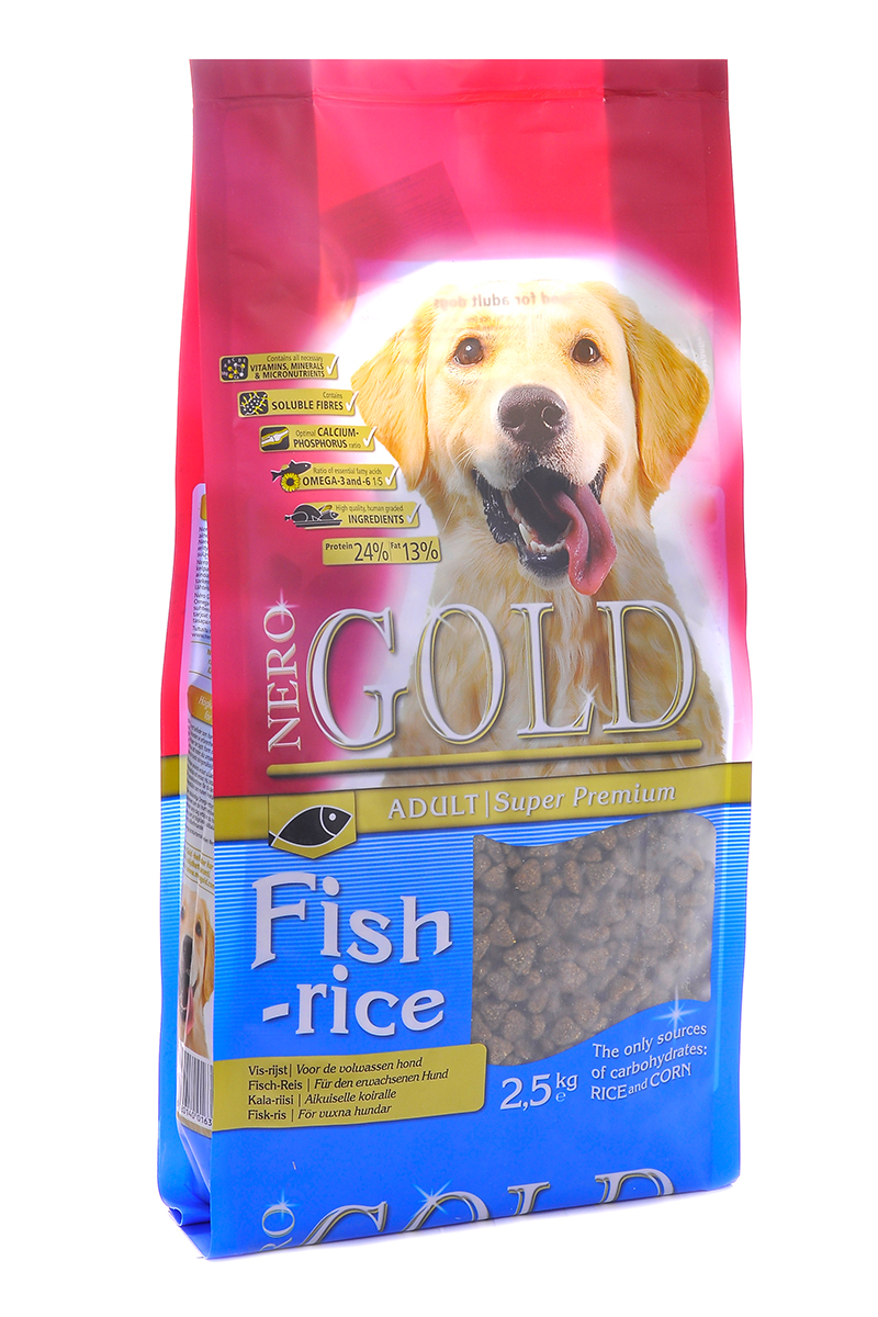 NERO GOLD super premium Для Взрослых собак: Рыбный коктейль, рис и овощи (Fish&Rice 24/13), 2,5 кг.0120710 NERO GOLD super premium Для Взрослых собак: Рыбный коктейль, рис и овощи (Fish&Rice 24/13), 2,5 кг.0120710Состав: дегидрированная рыба (мин. 20%), рис (мин. 18%), маис, овощи, куриный жир, мякоть свеклы, льняное семя, гидролизованная куриная печень, минералы и витамины, дрожжи, гидролизованные хрящи (источник хондроитина), гидролизат ракообразных (источник глюкозамина), L-карнитин, лецитин, инулин (ФОС), таурин. Условия хранения: в прохладномтемном месте.