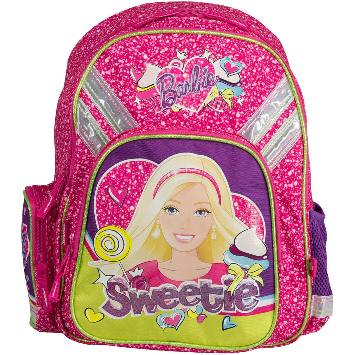 Набор школьницы Barbie. BRCS-UT1-51BOXTRCB-UT4-4084 Набор школьницы Barbie. BRCS-UT1-51BOXTRCB-UT4-4084Вашему вниманию предлагается все самое необходимое для школьника в одном наборе. В состав набора входит рюкзак, пенал, фартук, сумка-рюкзак для обуви и кошелек, выполненные в одном стиле.Школьный ранец выполнен из износоустойчивых материалов с водонепроницаемой основой, декорирован аппликацией и рисунками в тематике куклы Барби.Ранец имеет два основных отделения, закрывающиеся на молнию. Внутри главного отделения расположены два разделителя, для тетрадей и учебников. На лицевой стороне ранца расположен накладной карман на молнии. По бокам ранца размещены два дополнительных накладных кармана, один открытый на резинке и один на застежке-молнии. Ортопедическая спинка, созданная по специальной технологии из дышащего материала, равномерно распределяет нагрузку на плечевые суставы и спину. Удлиненные держатели облегчают фиксацию длины ремней с мягкими подкладками. Ранец оснащен удобной ручкой для переноски и двумя широкими лямками, регулируемой длины.Пенал мягкий с одним отделением на молнии. Размер пенала: 21 х 10 х 6. Сумка-рюкзак для обуви с одним отделением. Сумка выполнена из прочного водонепроницаемого полиэстера и содержит одно вместительное отделение, затягивающееся с помощью текстильных шнурков. Шнурки фиксируются в нижней части сумки, благодаря чему ее можно носить за спиной как рюкзак. Размер сумки: 41 х 34. Кошелек-портмоне на липучке с одним отделением для купюр и кармашком на молнии. Кошелек дополнен текстильным шнурком. Размеры кошелька в сложенном виде: 10 х 10 х 1,5. Фартук для уроков рисования выполнен из водонепроницаемого материала и имеет удобные текстильные завязки. Размер фартука: 50 х 44.