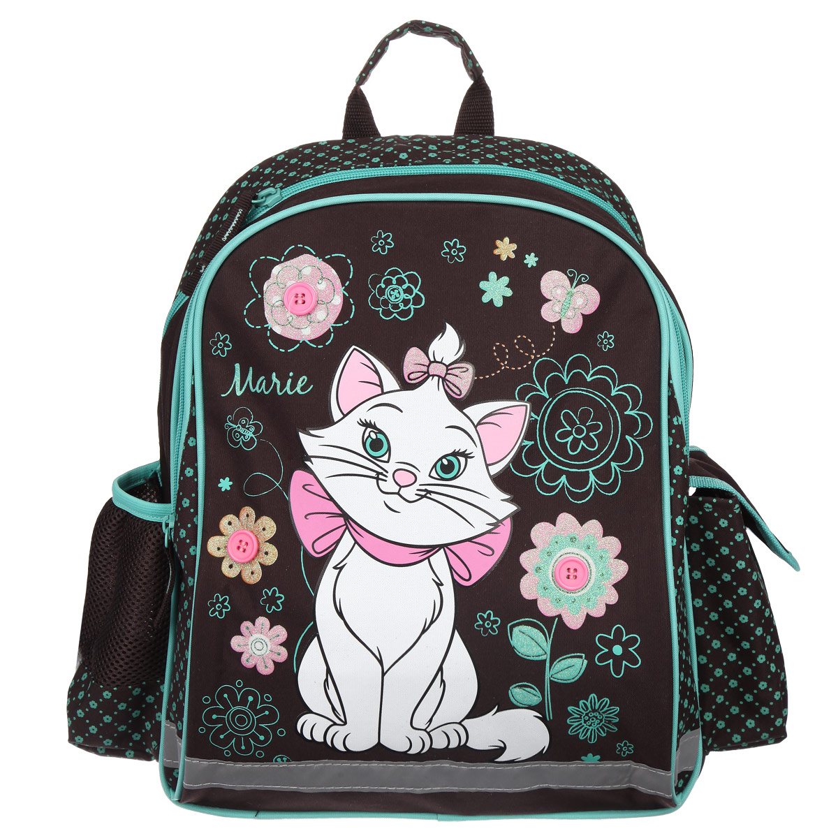 Рюкзак Seventeen Disney. Marie Cat, цвет: коричневый, бирюзовый72523WD Рюкзак Seventeen Disney. Marie Cat, цвет: коричневый, бирюзовый72523WDРюкзак Seventeen Disney. Marie Cat выполнен из высококачественных материалов с изображением очаровательного белого котенка Мари, героини мультфильма Коты Аристократы. Рюкзак содержит два вместительных отделения, закрывающихся на застежки-молнии. Бегунки на молнии дополнены удобными текстильными держателями. Внутри отделения, находящегося ближе к спинке, расположена перегородка, предназначенная для тетрадей или учебников.По бокам расположены два кармана, один их которых карман-сетка на резинке, а другой закрывается на застежку-липучку. Специально уплотненная спинка рюкзака с мягкими подушечками позволяет оптимально распределить нагрузку на позвоночник. Мягкие широкие лямки позволяют легко и быстро отрегулировать рюкзак в соответствии с ростом ребенка. Рюкзак оснащен удобной текстильной ручкой для переноски в руке.Светоотражающие элементы на фронтальной стороне, боковых стенках и лямках рюкзака обеспечивает дополнительную безопасность в темное время суток.