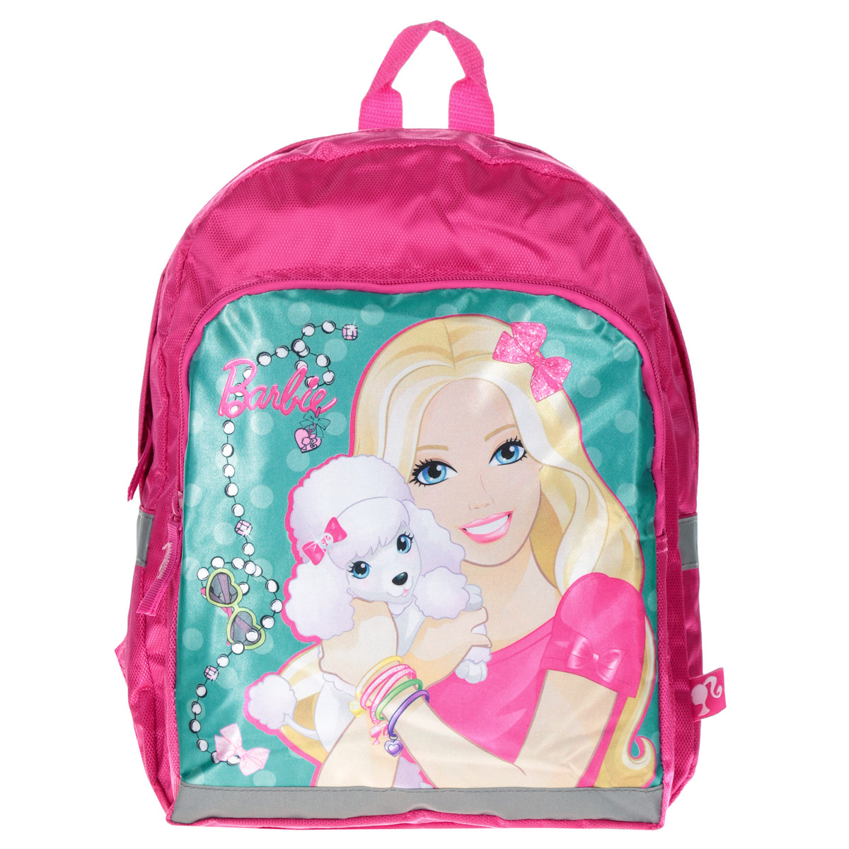 Рюкзак детский Barbie, цвет: розовый, бирюзовый. BRAP-UT-55872523WD Рюкзак детский Barbie, цвет: розовый, бирюзовый. BRAP-UT-55872523WDРюкзак детский Barbie - это незаменимая вещь для прогулок и повседневных дел, в нем можно разместить самые важные вещи. Пусть у вашего ребенка тоже будет свой собственный рюкзак. Выполнен рюкзак из прочных и безопасных материалов. Лицевая сторона оформлена ярким изображением куклы Барби с собачкой. У модели одно вместительное отделение на застежке-молнии. Фронтальный карман также на молнии. Широкие лямки можно свободно регулировать по длине в зависимости от роста ребенка. Рюкзак оснащен текстильной ручкой для переноски в руке. Светоотражающие элементы обеспечивают безопасность в темное время суток.