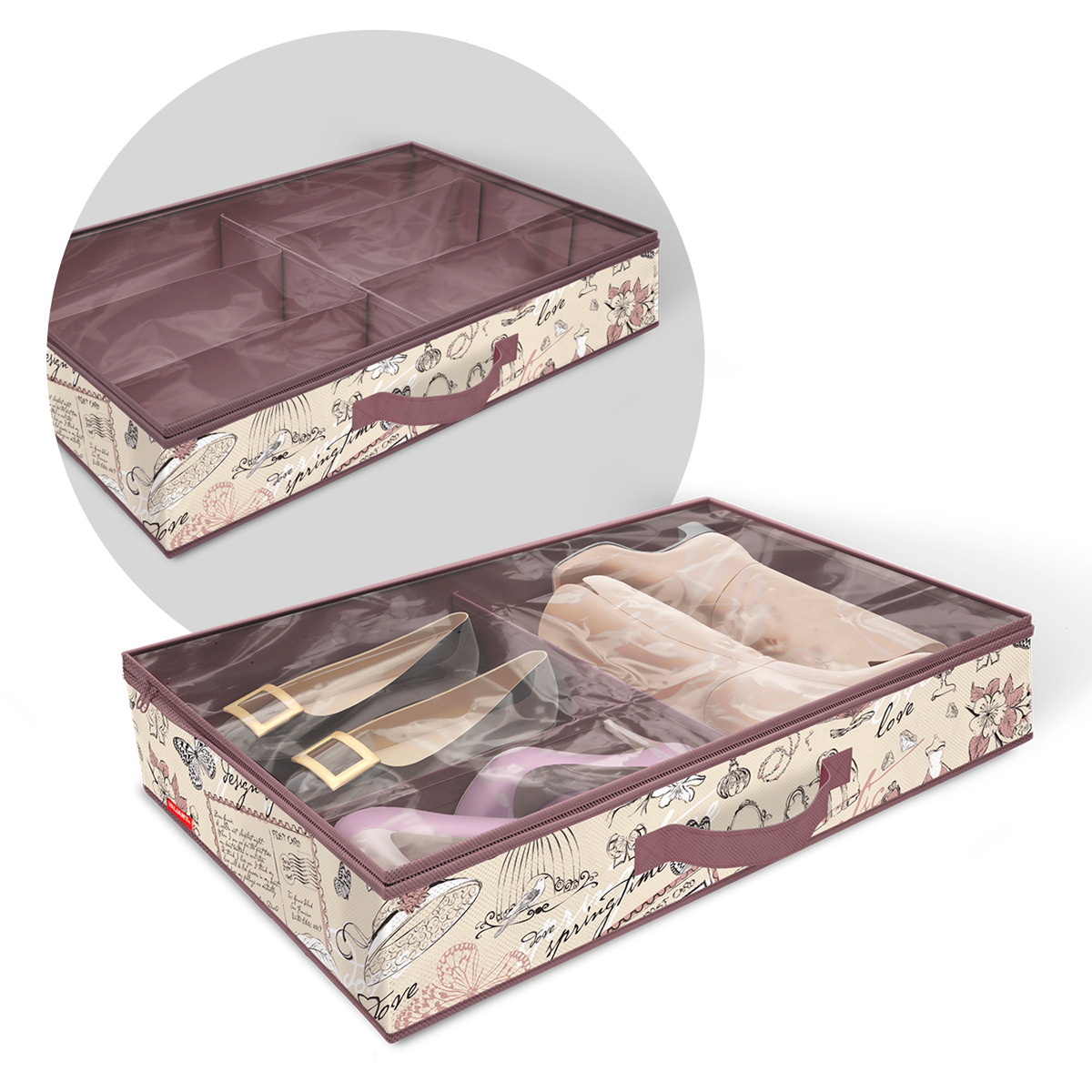 Кофр для хранения Valiant Romantic, 60 см х 40 см х 12 смU210DF Кофр для хранения Valiant Romantic, 60 см х 40 см х 12 смU210DFКофр для хранения Valiant Romantic изготовлен из высококачественного нетканого материала (спанбонда), который обеспечивает естественную вентиляцию, позволяя воздуху проникать внутрь, но не пропускает пыль. Кофр снабжен прозрачным окошком из ПВХ, что позволяет легко просматривать содержимое. Закрывается на застежку-молнию. В таком кофре удобно хранить одежду, белье и мелкие аксессуары, а также постельные принадлежности. Сбоку имеется ручка. Система хранения Romantic создаст трогательную атмосферу романтического настроения в женском гардеробе. Оригинальный дизайн придется по вкусу ценительницам эстетичного хранения.Системы хранения в едином дизайне сделают вашу гардеробную изысканной и невероятно стильной.