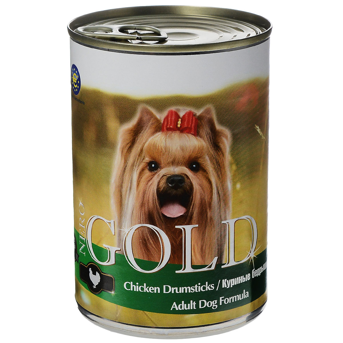 Консервы для собак Nero Gold, с куриными бедрышками, 410 г0120710 Консервы для собак Nero Gold, с куриными бедрышками, 410 г0120710Консервы для собак Nero Gold - полнорационный продукт, содержащий все необходимые витамины и минералы, сбалансированный для поддержания оптимального здоровья вашего питомца! Состав: мясо и его производные, филе курицы, злаки, витамины и минералы. Гарантированный анализ: белки 6,5%, жиры 4,5%, клетчатка 0,5%, зола 2%, влага 81%.Пищевые добавки на 1 кг продукта: витамин А 1600 МЕ, витамин D 140 МЕ, витамин Е 10 МЕ, железо 24 мг, марганец 6 мг, цинк 15 мг, медь 1 мг, магний 200 мг, йод 0,3 мг, селен 0,2 мг.Вес: 410 г. Товар сертифицирован.
