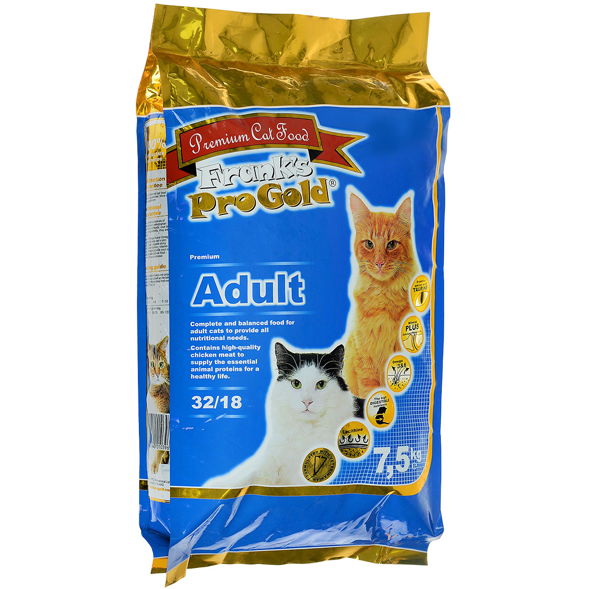 Корм сухой Franks ProGold для взрослых кошек, с курицей, 7,5 кг0120710 Корм сухой Franks ProGold для взрослых кошек, с курицей, 7,5 кг0120710Сухой корм Franks ProGold - это полноценный рацион для взрослых кошек. Он содержит особую разработанную с участием ученых комбинацию ингредиентов для поддержания здоровья вашего питомца в течение продолжительного времени. Не содержит пшеницы, соевых добавок, ГМО.Состав: дегидрированное мясо курицы, рис, куриный жир, дегидрированная рыба, ячмень, гидролизованная куриная печень, кукурузная мука, свекла, дрожжи, яичный порошок, рыбий жир, минералы и витамины, гидролизованные хрящи (источник хондроитина), гидролизованные рачки (источник глюкозамина), лецитин (минимум 0,5%), инулин (минимум 0,5%FOS), таурин.Пищевая ценность: белки 32,0%, жиры 18,0%, клетчатка 2,0%, зола 6,0%, влажность 8,0%, фосфор 0,9%, кальций 1,4%.Добавки: витамин-A (E672) 20000 IU/кг, витамин-D3 (E671) 2000 IU/кг, витамин-E (dl-альфа токоферола ацетат) 400 мг/кг, витамин-C (фосфат аскорбиновой кислоты) 250 мг/кг, таурин 1000 мг/кг, E1 75 мг/кг, E2 1,5 мг/кг, E3 0,5 мг/кг, E4 5 мг/кг, E5 30 мг/кг, E6 65 мг/кг. Товар сертифицирован.