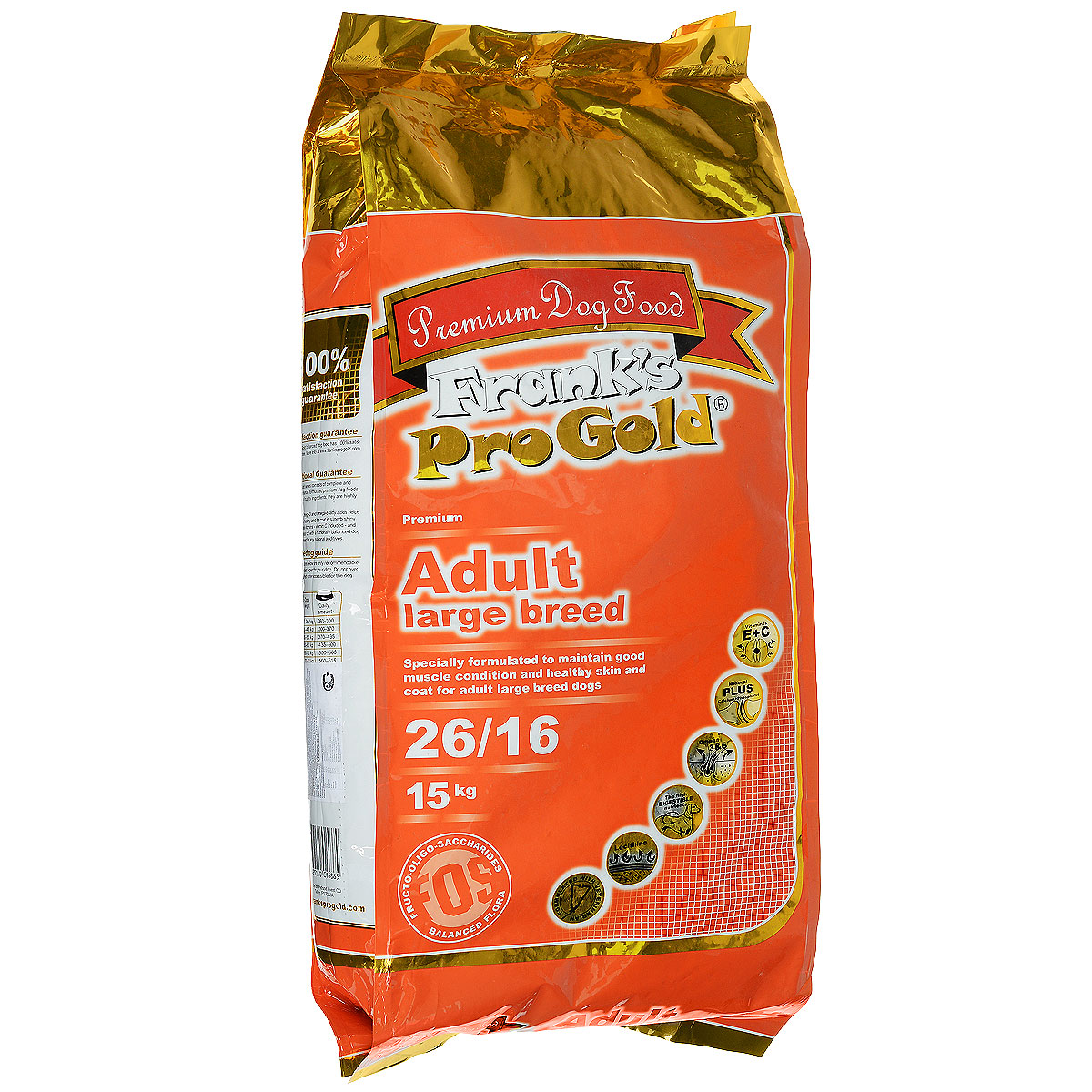 Корм сухой Franks ProGold для взрослых собак крупных пород, с курицей, 15 кг17927 Корм сухой Franks ProGold для взрослых собак крупных пород, с курицей, 15 кг17927Корм сухой Franks ProGold разработан специально для взрослых собак крупных пород. Крупные гранулы предотвращают появление зубного камня, а также улучшают гигиену полости рта. Содержание хондроитина и глюкозамина в корме способствует здоровью костей и суставов. Сбалансированное содержание витаминов С и Е помогают лучшему усвоению пищи и уменьшению объема фекалий.Не содержит пшеницы, соевых добавок, ГМО.Состав: дегидрированное мясо курицы, маис, рис, куриный жир, свекла, дегидрированная рыба, льняное семя, гидролизованная куриная печень, лососевый жир, дрожжи, кэроб,минералы и витамины, яичный порошок, гидролизованные хрящи (источник хондроитина), гидролизованные рачки (источник глюкозамина), L-карнитин, лецитин (0,5%), инулин (0,5 % FOS), таурин.Пищевая ценность: белки 26,0%, жиры 16,0%, клетчатка 3,0%, зола 6,0%, влажность 8,0%, фосфор 0,9%, кальций 1,2%. Добавки: витамин-A (E672) 20000 IU/кг, витамин-D3 (E671) 2000 IU/кг, витамин-E (альфа токоферола ацетат) 170 мг/кг, витамин-C (фосфат аскорбиновой кислоты) 100 мг/кг, E1 50 мг/кг, E2 1,5 мг/кг, E3 1,0 мг/кг, E4 5 мг/кг, E5 35 мг/кг, E6 65 мг/кг. Товар сертифицирован.