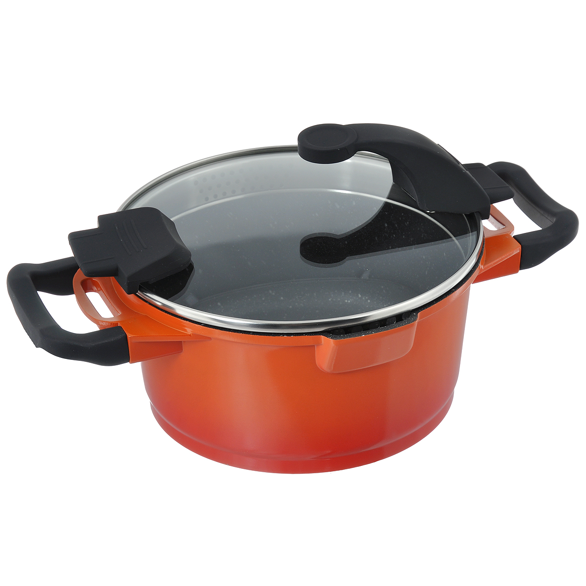 Кастрюля BergHOFF Virgo Orange с крышкой, с антипригарным покрытием, цвет: оранжево-красный, 2,7 л54 009312 Кастрюля BergHOFF Virgo Orange с крышкой, с антипригарным покрытием, цвет: оранжево-красный, 2,7 л54 009312Кастрюля BergHOFF Virgo изготовлена из литого алюминия, который имеет эффект чугунной посуды. В отличие от чугуна, посуда из алюминия легче по весу и быстро нагревается, что гарантирует сбережение энергии. Внутреннее покрытие - экологически безопасное антипригарное покрытие Ferno Green, которое не содержит ни свинца, ни кадмия. Антипригарные свойства посуды позволяют готовить без жира и подсолнечного масла или с его малым количеством. Ручки выполнены из бакелита с покрытием Soft-touch, они имеют комфортную эргономичную форму и не нагреваются в процессе эксплуатации. Крышка изготовлена из термостойкого стекла, благодаря чему можно наблюдать за ингредиентами в процессе приготовления. Широкий металлический обод со специальными отверстиями разного диаметра позволяет выливать жидкость, не снимая крышку. Подходит для всех типов плит, включая индукционные. Рекомендуется мыть вручную. Диаметр кастрюли (по верхнему краю): 20 см. Ширина кастрюли (с учетом ручек): 32 см.Высота стенки: 10 см. Толщина стенки: 3 мм. Толщина дна: 5 мм.