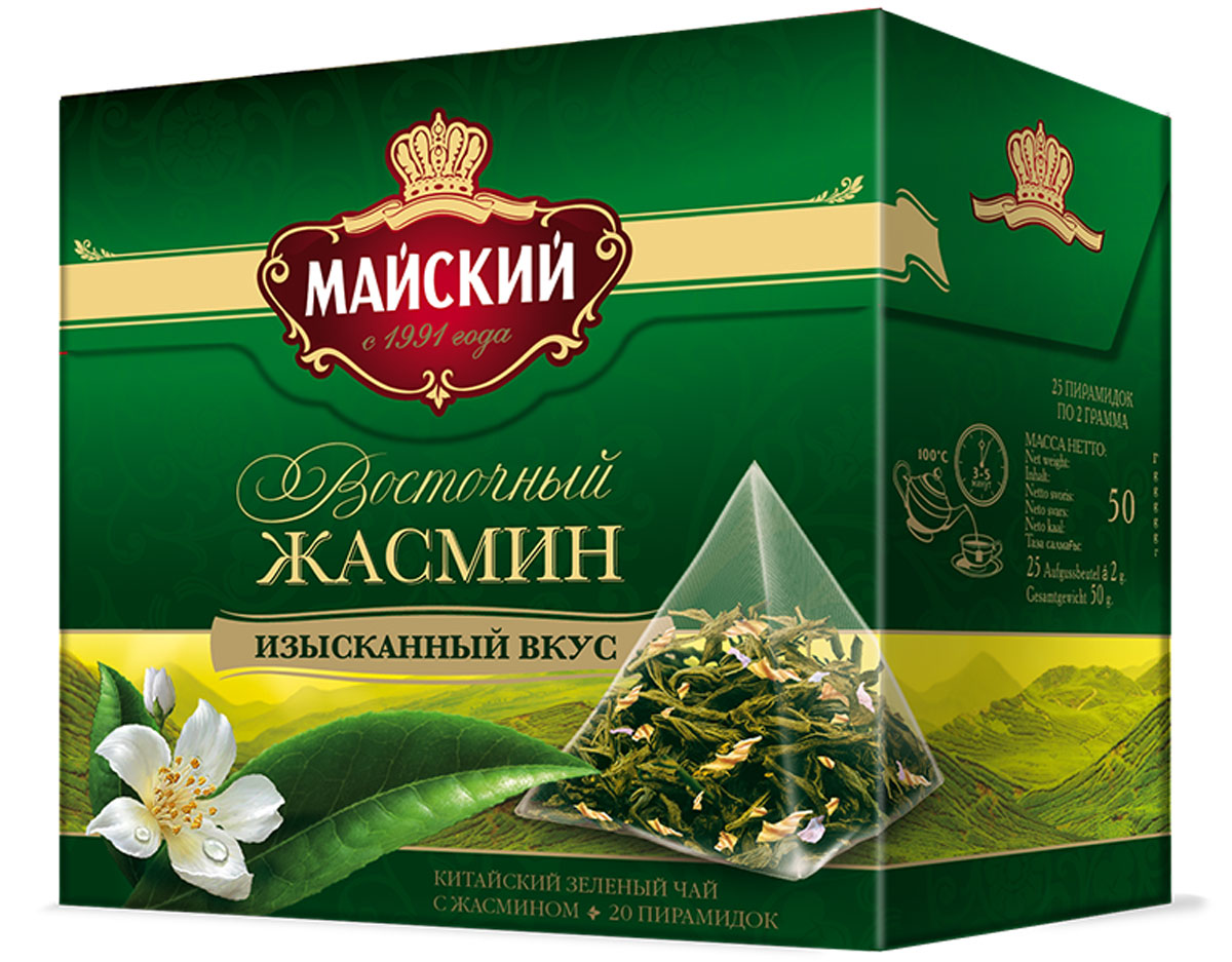 Майский Зеленый Восточный Жасмин зеленый чай в пирамидках, 20 шт0120710 Майский Зеленый Восточный Жасмин зеленый чай в пирамидках, 20 шт0120710Майский Зеленый Восточный Жасмин - идеальное сочетание нежного аромата цветов жасмина и освежающего вкуса крупнолистового зеленого чая в пирамидках.