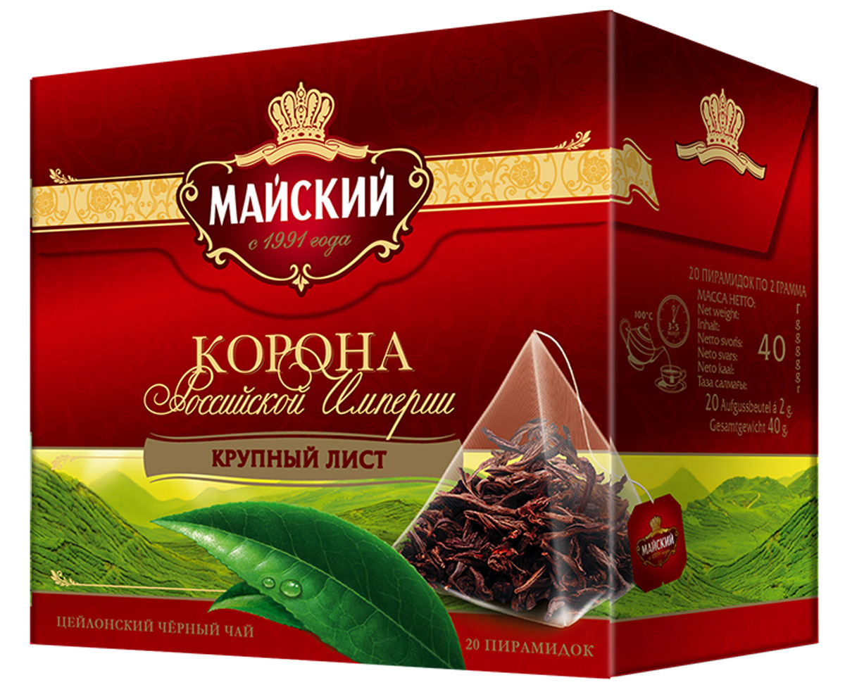 Майский Корона Российской Империи черный чай в пирамидках, 20 шт0120710 Майский Корона Российской Империи черный чай в пирамидках, 20 шт0120710Майский Корона Российской Империи - уникальный цейлонский крупнолистовой чай. Именно в нем в полной мере раскрывается богатство вкуса и аромата черного чая.