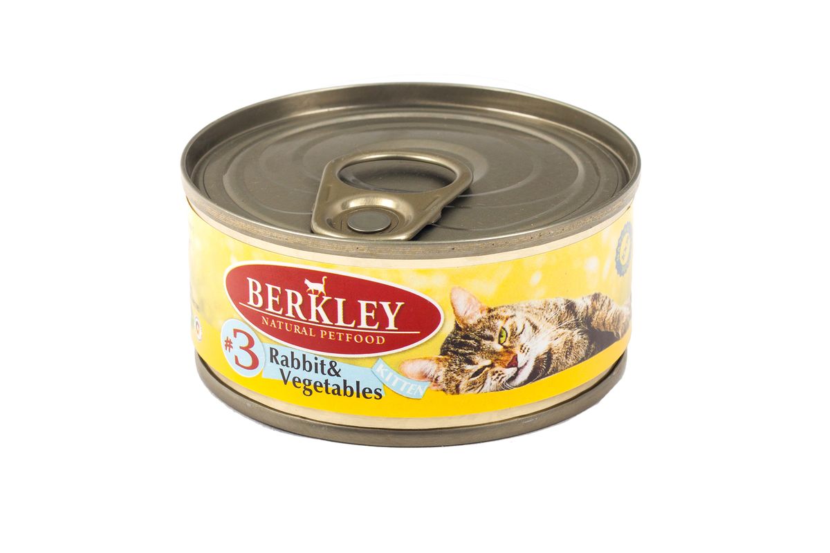 Консервы Berkley, для котят, с кроликом и овощами, 100 г0120710 Консервы Berkley, для котят, с кроликом и овощами, 100 г0120710Консервы Berkley - полноценное консервированное питание для котят с овощами и нежным мясом кролика. Консервы приготовлены исключительно из натурального сырья. Не содержат сои, искусственных красителей, ароматизаторов и консервантов.Состав: кролик 67%, овощи 5%, бульон 26,5%, минералы 1%, масло лосося 0,5%.Анализ: протеин 10,8%, жир 6,5%, зола 2,1%, клетчатка 0,3%, влажность 81%, таурин 0,15%.Добавки на 1 кг продукта: витамин А 3000 ME, витамин D3 200 МЕ, витамин Е 30 мг, селен 0,1 мг.Товар сертифицирован.