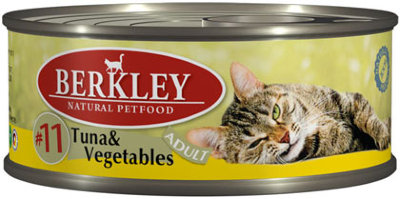 Консервы для взрослых кошек Berkley, тунец с овощами, 100 г0120710 Консервы для взрослых кошек Berkley, тунец с овощами, 100 г0120710Консервы Berkley - полноценное консервированное питание для взрослых кошек. Содержат тунец наилучшего качества с овощами в ароматном бульоне. Консервы приготовлены исключительно из натурального сырья. Не содержат сои, искусственных красителей, ароматизаторов и консервантов.Состав: тунец 67%, овощи 5%, бульон 26,5%, минералы 1%, масло лосося 0,5%. Анализ: протеин 11,0%, жир 6,8%, зола 2,1%, клетчатка 0,3%, влажность 81%, таурин 0,15%. Добавки на 1 кг продукта: витамин А 3000 ME, витамин D3 200 МЕ, витамин Е 30 мг, селен 0,1 мг.Товар сертифицирован.