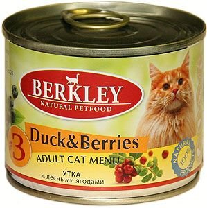 Консервы Berkley, для взрослых кошек, утка с ягодами, 200 г0120710 Консервы Berkley, для взрослых кошек, утка с ягодами, 200 г0120710Консервы Berkley - полноценное консервированное питание для взрослых кошек. Консервы приготовлены исключительно из натурального сырья. Не содержат сои, искусственных красителей, ароматизаторов и консервантов.Состав: утка - 50%, домашняя птица - 20%, бульон - 27,5%, клюква - 0,5%, голубика - 0,5%, витамины и минералы - 1%, масло лосося - 0,5%. Анализ: протеин - 10,5%, жир - 6,0%, зола - 2,1%, клетчатка - 0,3%, влажность - 79%, кальций - 0,25%, фосфор - 0,2%, магний - 0,02%.Добавки (на 1 кг продукта): витамин A 3000 МE, витамин D3 200 МE, витамин E 30 мг, селен 0,1 мг, таурин 1,5 г.Товар сертифицирован.