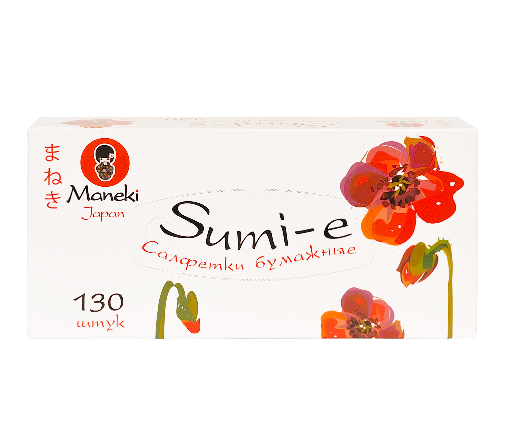 Салфетки бумажные Maneki, серия Sumi-e, 2 слоя, белые, 130 шт. полотенца кухонные maneki полотенца кухонные бумажные sumi e 2 слоя 60 л белые 2 рулона упаковка