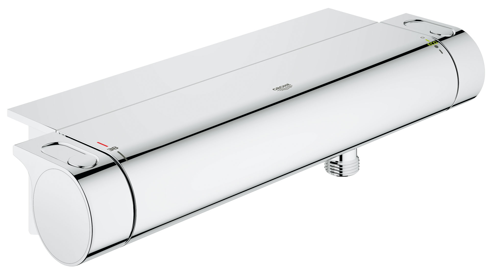 Термостат для душа GROHE Grohtherm 2000 с полочкой. (34469001)4581 Термостат для душа GROHE Grohtherm 2000 с полочкой. (34469001)4581Главные преимущества этого смесителя для душа — безопасность, которую обеспечивает термостатическое управление температурой воды, и высокий уровень эстетичности. Его регуляторы разработаны с расчетом на интуитивное управление легчайшим усилием. В конструкции применяется технология GROHE CoolTouch, которая предотвращает внешний нагрев корпуса и таким образом защищает от ожогов. Ограничитель SafeStop предохраняет пользователей от случайного включения слишком горячей воды. Смеситель комплектуется простой в уходе полочкой GROHE EasyReach, которая служит эффектным аксессуаром и обеспечивает место для хранения банных принадлежностей. Кроме того, данный термостат позволяет экономить до 50% воды в режиме водосбережения без ущерба для комфорта: это поможет вам полноценно наслаждаться купанием.Особенностинастенный монтаж GROHE CoolTouch безопасный корпус GROHE StarLight хромированная поверхность GROHE TurboStat встроенный термоэлемент GROHE EcoJoy Технология совершенного потока при уменьшенном расходе водывстроенный стопор смешанной воды Carbodur керамический вентиль 1/2?, 180° рукоятка расхода с экономичной кнопкой GROHE EcoButton и индивидуально устанавливаемым стопором рукоятка выбора температуры со стопором при 38°C отвод для душа снизу 1/2? встроенные обратные клапаны грязеулавливающие фильтры скрытые S-образные эксцентрики с защитой от обратного потока GROHE EasyReach™ полочка съемнаяВидео по установке является исключительно информационным. Установка должна проводиться профессионалами!