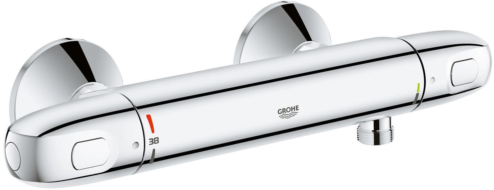 Термостат для душа GROHE Grohterm 1000 New, хром68/5/3 Термостат для душа GROHE Grohterm 1000 New, хром68/5/3GROHE Grohtherm 1000 New: душевой термостат с технологией GROHE CoolTouch, надежно обеспечивающий комфорт в ванной комнатеПриходилось ли Вам испытывать на себе это ощущение, когда при принятии душа вода внезапно становится ледяной из-за того, что кто-то включил воду на кухне? С этим смесителем для душа такое больше никогда не повторится! Благодаря встроенной технологии GROHE TurboStat, он будет надежно поддерживать заданную Вами температуру воды на протяжении всего купания. Механизм защиты от ошпаривания SafeStop не позволит установить температуру воды, превышающую 38°C, не нажав на специальную клавишу для разблокировки ограничителя. Технология GROHE CoolTouch предотвращает нагрев корпуса термостата. Переключатель EcoButton позволит при желании принимать душ в экономичном режиме расхода воды, способствуя сбережению природных ресурсов. Благодаря металлическим рукояткам эргономичной формы и глянцевому хромированному покрытию GROHE StarLight, данный термостат станет эффектным акцентом в оснащении Вашей ванной комнаты. Воспользовавшись имеющимися соединениями, подведенными к поверхности стены, Вы сможете быстро установить и подготовить термостат к работе.Особенности:Настенный монтаж GROHE CoolTouch безопасный корпус GROHE StarLight хромированная поверхностьGROHE TurboStat встроенный термоэлемент GROHE MetalGrip эргономичная металлическая рукоятка Стопор безопасности при 38°C GROHE EcoJoy - технология совершенного потока при уменьшенном расходе водыРукоятка расхода с экономичной кнопкой GROHE EcoButtonИ индивидуально устанавливаемым стопором Встроенный стопор смешанной воды Керамический вентиль 1/2?, 180°Отвод для душа снизу 1/2? Встроенные обратные клапаны Грязеулавливающие фильтры Скрытые S-образные эксцентрики Металлическая розетка С защитой от обратного потока Опция: рукоятка для ограничения температуры до 43°C (47 973 000)Рекомендованное минимальное давление 1.0 барВидео по установке является исключительно информационным. Установка должна проводиться профессионалами! Серия: Grohtherm 1000 New; цвет: хром