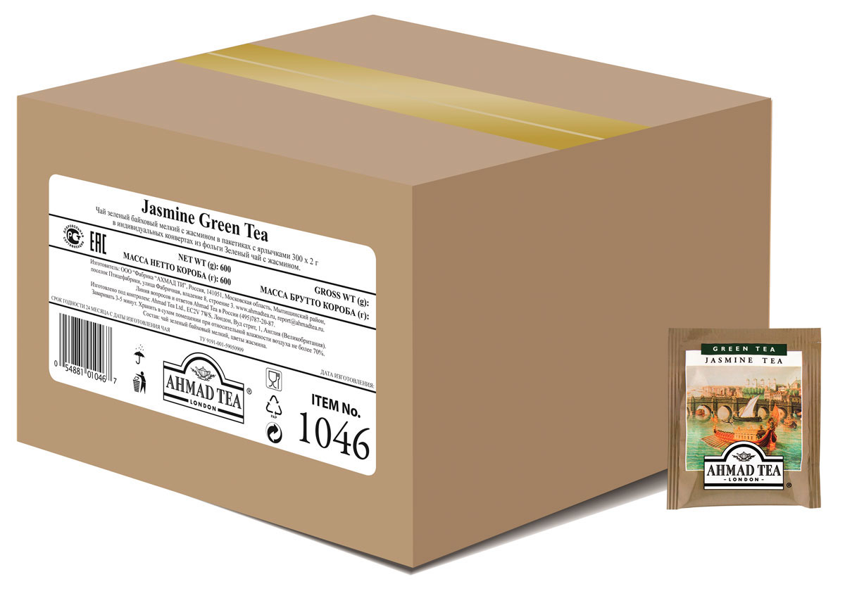 Ahmad Tea Jasmine Green Tea зеленый чай в пакетиках, 300 шт0120710 Ahmad Tea Jasmine Green Tea зеленый чай в пакетиках, 300 шт0120710Ahmad Tea Jasmine Green Tea - деликатный купаж китайского чая с бутонами и цветами жасмина. При заваривании дает настой золотисто-зеленого цвета со сладким вкусом и ароматом жасмина, и тонким ореховым послевкусием.