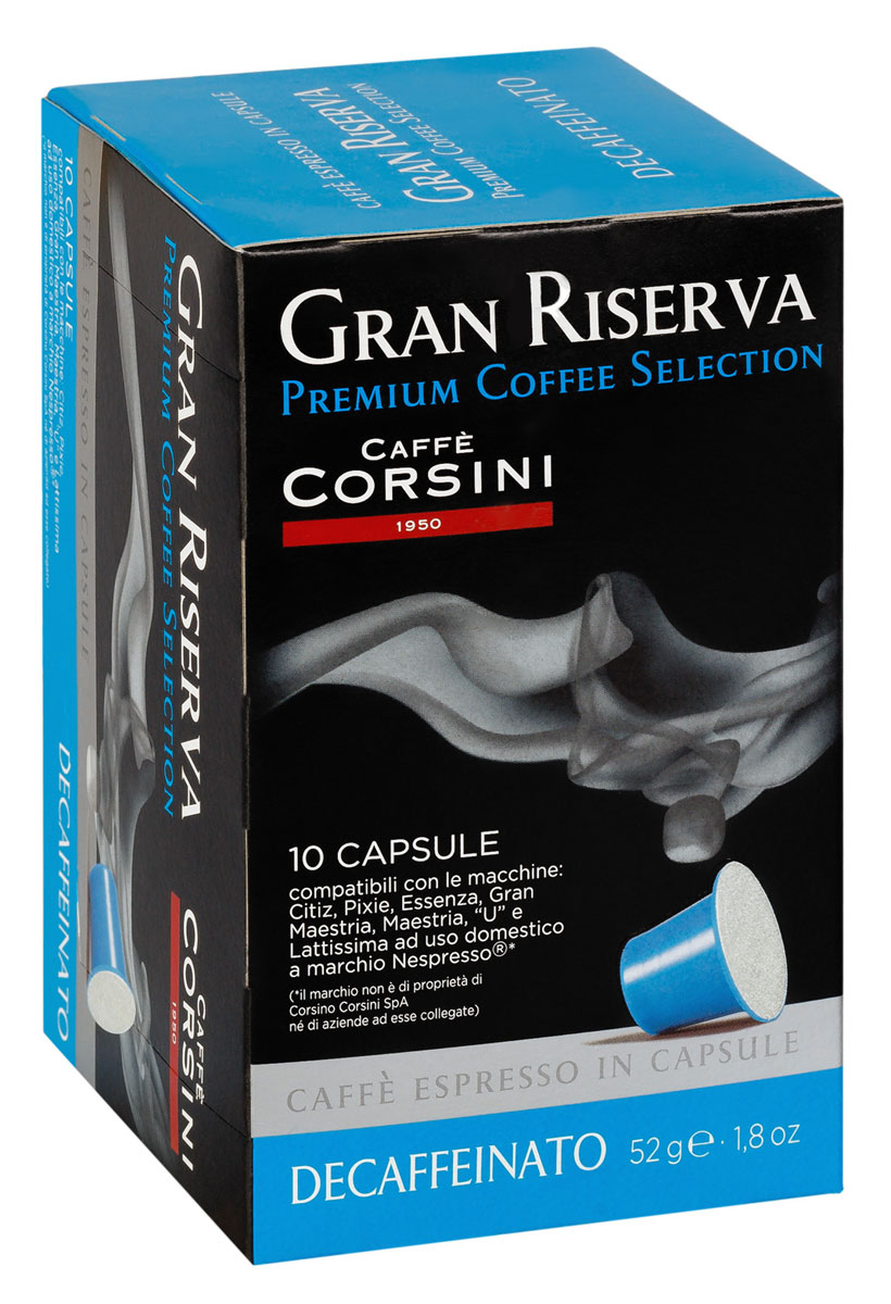 Caffe Corsini Gran Riserva Decaffeinato кофе капсульный, 10 шт660648 Caffe Corsini Gran Riserva Decaffeinato кофе капсульный, 10 шт660648Caffe Corsini Gran Riserva Decaffeinato - кофе с максимально сниженным процентом кофеина, что не лишает его крепости, насыщенности и букета. Ограничения по потреблению кофеина больше не повод отказывать себе в настоящем итальянском эспрессо. Напиток имееет бархатистый, полновесный вкус, с терпкими нотами специй и карамели. В послевкусии присутствуют цитрусовые штрихи и ореховый тон. Изготовлен специально для кофемашин системы Nespresso.