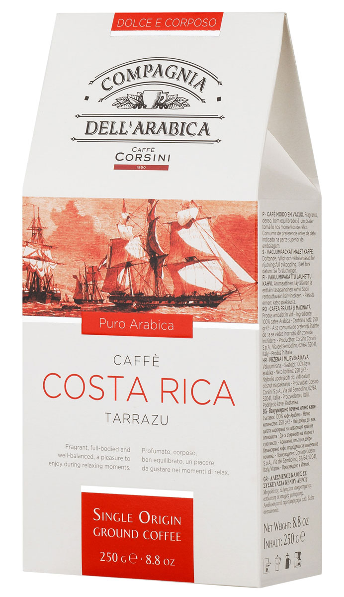 Compagnia DellArabica Costa Rica молотый кофе, 250 г (вакуумная упаковка)0120710 Compagnia DellArabica Costa Rica молотый кофе, 250 г (вакуумная упаковка)0120710Compagnia DellArabica Costa Rica - насыщенный коста-риканский сорт 100% арабики из легендарного региона Тарразу. Кофе обладает удивительно мягким вкусом со сладким цветочным букетом, нежным ароматом, и легкой кислинкой. Чтобы насладиться неповторимым вкусом молотого кофе от Compagnia DellArabica, вы можете приготовить его любым известным вам способом, даже просто залив кипятком в чашке!