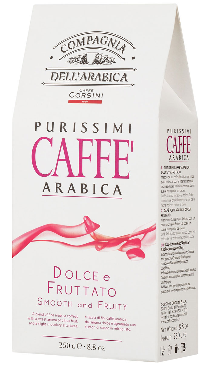 Compagnia DellArabica Purissimi Arabica Dolce Fruttato молотый кофе, 250 г (вакуумная упаковка)0120710 Compagnia DellArabica Purissimi Arabica Dolce Fruttato молотый кофе, 250 г (вакуумная упаковка)0120710Compagnia DellArabica Purissimi Arabica Dolce Fruttato - это союз сладости спелых солнечных фруктов и крепость настоящей арабики собранной в Центральной Америке и на севере Африки. Смесь великолепного кофе со сладким ароматом плодов цитрусовых, и легким шоколадным послевкусием. Чтобы насладиться неповторимым вкусом молотого кофе от Compagnia DellArabica, вы можете приготовить его любым известным вам способом, даже просто залив кипятком в чашке!