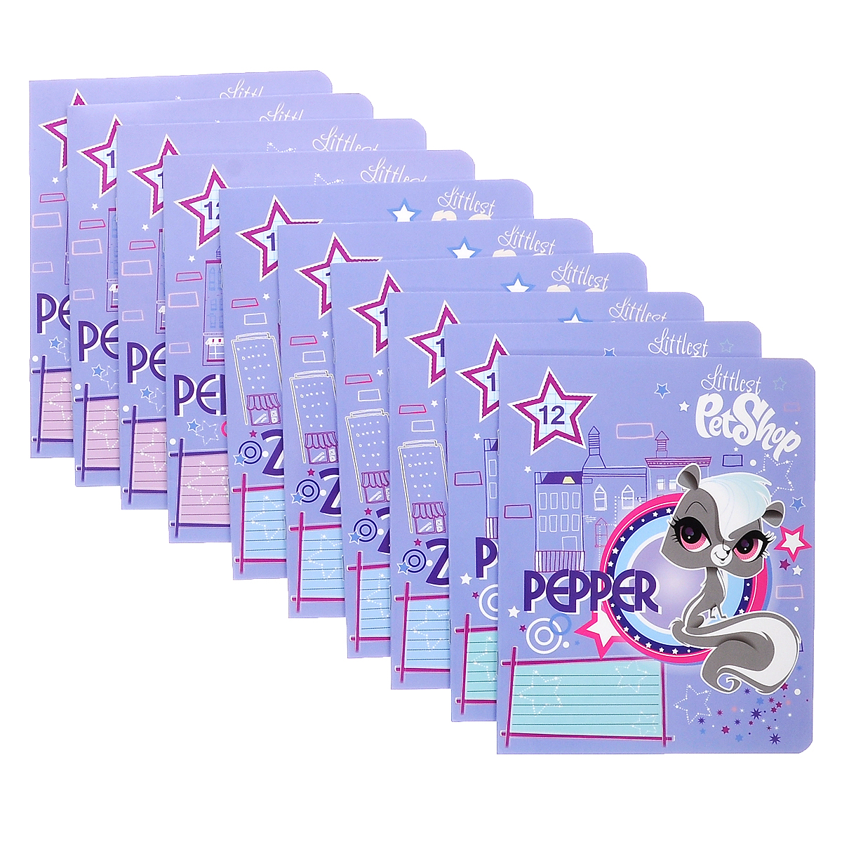 Littlest Pet Shop Набор тетрадей в клетку, цвет: фиолетовый, 12 листов, 10 шт72523WD Littlest Pet Shop Набор тетрадей в клетку, цвет: фиолетовый, 12 листов, 10 шт72523WDНабор тетрадей в клетку подойдет любому школьнику. Обложка каждой тетради выполнена из картона с матовой поверхностью и оформлена рисунками с любимыми персонажами Littlest Pet Shop. Внутренний блок тетрадей состоит из 12 листов белой бумаги, скрепленных скрепками. Стандартная линовка в клетку дополнена полями. В наборе 10 тетрадей.