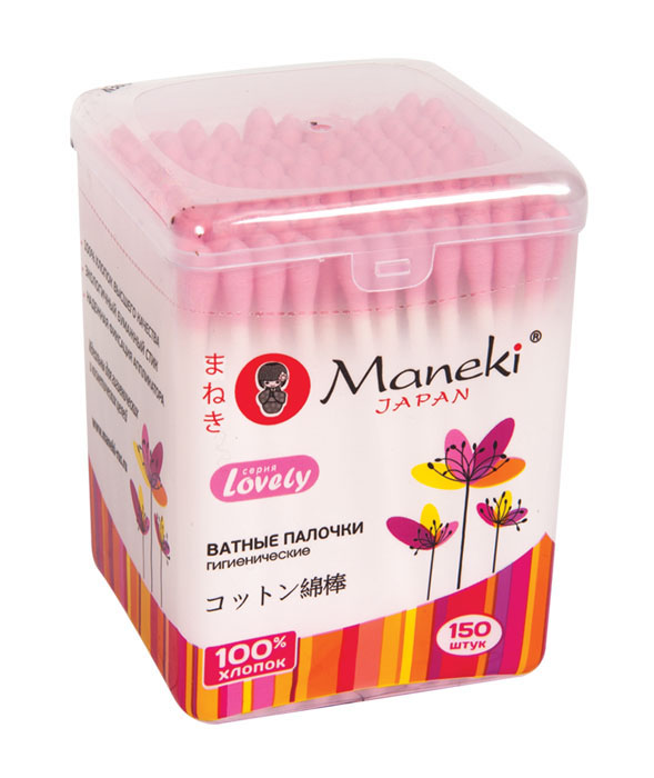 Maneki Палочки ватные гигиенические Lovely, с розовым бумажным стиком, в пластиковой коробочке, 150 шт.SC-FM20104 Maneki Палочки ватные гигиенические Lovely, с розовым бумажным стиком, в пластиковой коробочке, 150 шт.SC-FM20104Палочки ватные гигиенические в пластиковом стакане с надежной фиксацией аппликатора. Идеально подходят для гигиенических и косметических целей, не содержит флуоресцентных красителей. Экологический бумажный стик и 100% хлопок. Аппликатор розового цвета. Оригинальный дизайн упаковки, в упаковке 150 палочек.