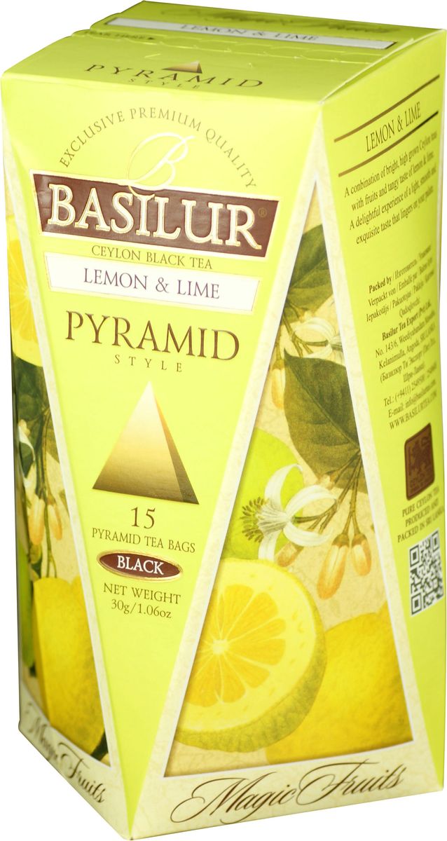 Basilur Lemon and Lime черный чай в пирамидках, 15 шт0120710 Basilur Lemon and Lime черный чай в пирамидках, 15 шт0120710Чёрный цейлонский байховый мелколистовой чай Basilur Lemon and Lime с яблоком и ароматами лимона и лайма в пирамидках подарит свежесть и восстановит силы в течение дня. Великолепный купаж элитных сортов чёрного высокогорного цейлонского чая, дополненный свежим, лёгким ароматом лимона и лайма, создает неповторимый вкус этого чая, оставляющий нежное и мягкое послевкусие.