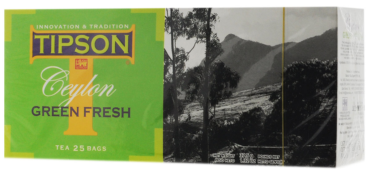 Tipson Green Fresh зеленый чай в пакетиках, 25 шт0120710 Tipson Green Fresh зеленый чай в пакетиках, 25 шт0120710Чай зелёный цейлонский байховый мелколистовой Tipson Green Fresh в пакетиках с ярлычками для разовой заварки. Самые нежные и молодые чайные листья использованы в приготовлении Green Fresh, благодаря чему этот освежающий напиток обладает целебными свойствами и гармоничными вкусом.