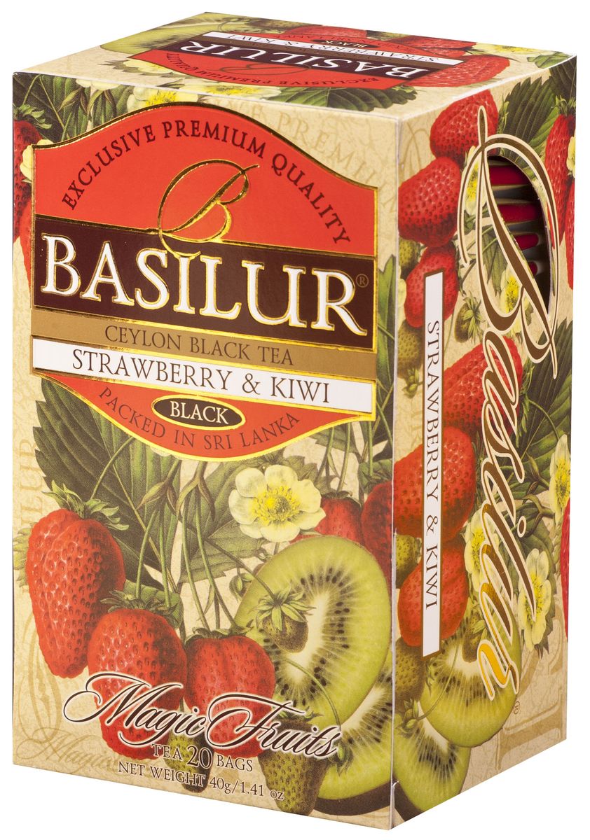 Basilur Strawberry and Kiwi черный чай в пакетиках, 20 шт0120710 Basilur Strawberry and Kiwi черный чай в пакетиках, 20 шт0120710Чай чёрный цейлонский байховый мелколистовой Basilur Strawberry and Kiwi с яблоком и ароматами клубники и киви в пакетиках с ярлычками для разовой заварки. Basilur Клубника и киви - богатый вкус элитного чёрного цейлонского чая, дополненный ярким ароматом спелой клубники и сочных плодов киви, снимает усталость, освежает и поднимает настроение.