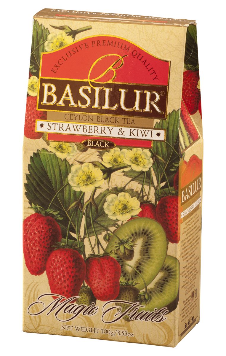 Basilur Strawberry & Kiwi черный листовой чай, 100 г0120710 Basilur Strawberry & Kiwi черный листовой чай, 100 г0120710Чай чёрный цейлонский байховый листовой Basilur Strawberry and Kiwi с кусочками клубники и китайской дерезы, лепестками василька и ароматами клубники и киви. Клубника и киви - богатый вкус элитного чёрного цейлонского чая, дополненный ярким ароматом спелой клубники и сочных плодов киви, снимает усталость, освежает и поднимает настроение.