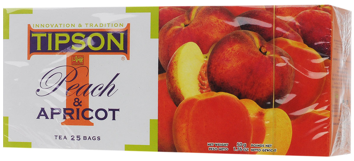 Tipson Peach & Apricot черный чай в пакетиках, 25 шт0120710 Tipson Peach & Apricot черный чай в пакетиках, 25 шт0120710Чай чёрный цейлонский байховый листовой Tipson Peach & Apricot с ароматами персика и абрикоса в пакетиках с ярлычками для разовой заварки. Нежный, сладковатый аромат персика и абрикоса, в сочетании с терпким вкусом чёрного цейлонского чая, создаёт яркую индивидуальность этого восхитительного напитка, который приятно употреблять как в горячем, так и в охлаждённом виде.