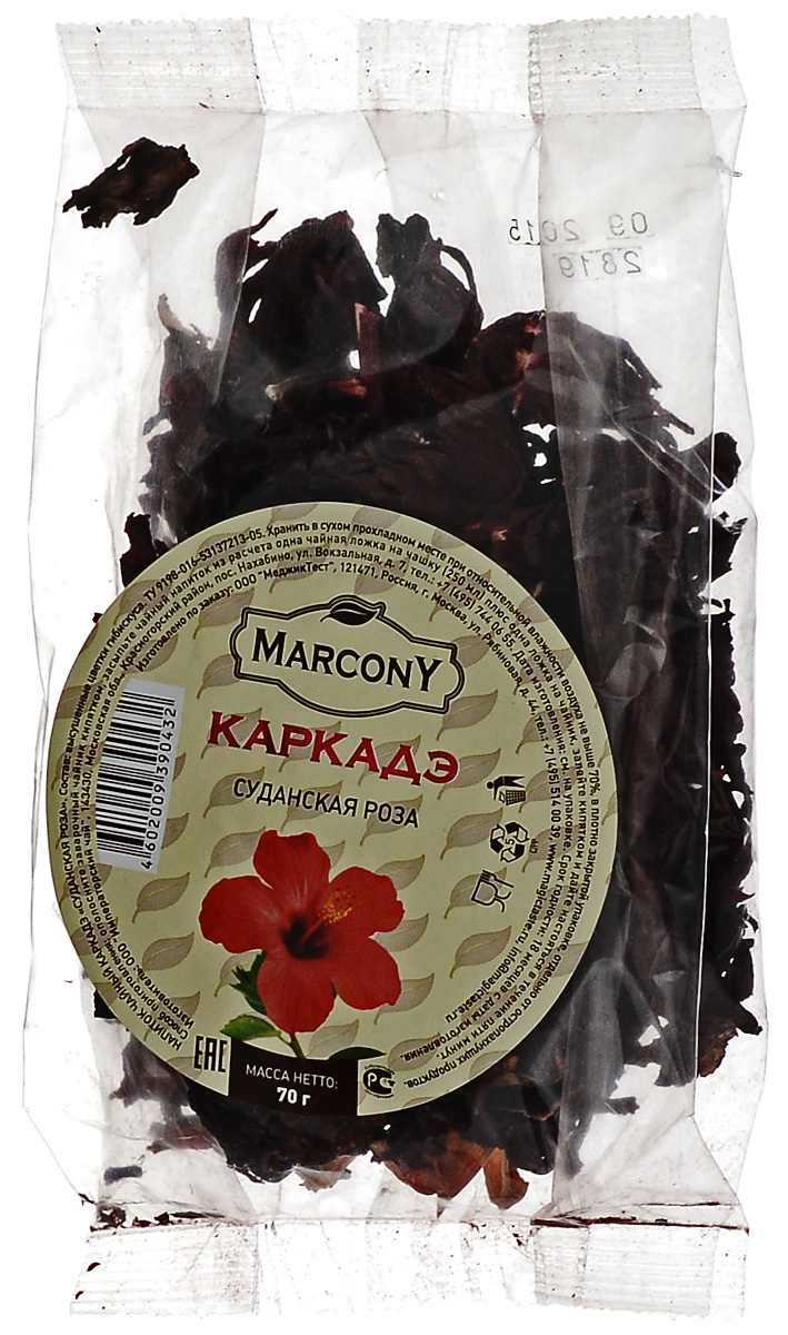 Marcony Суданская роза чай каркадэ, 70 г0120710 Marcony Суданская роза чай каркадэ, 70 г0120710Marcony Суданская роза - ароматный чай каркадэ. Настой напитка имеет сладковато-кислый вкус. Цвет варьируется от ярко красного до бордового. Ароматный и бодрящий напиток из лепестков гибискуса идеален для употребления в жару в качестве прохладительного напитка.