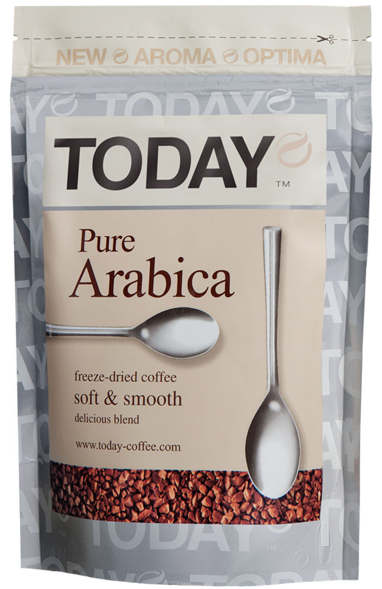 Today Pure Arabica кофе растворимый, 150 г0120710 Today Pure Arabica кофе растворимый, 150 г0120710Отборные зерна Колумбийской Арабики подарили этому кофе мягкий вкус, легкую смородиновую кислинку и тонкую нотку фруктового оттенка. Today Pure Arabica создан для настоящих гурманов! Приготовлен методом сухой заморозки с использованием эксклюзивной технологии Aroma Optima, которая позволяет сохранить вкус натурального кофе без применения добавок и ароматизаторов.