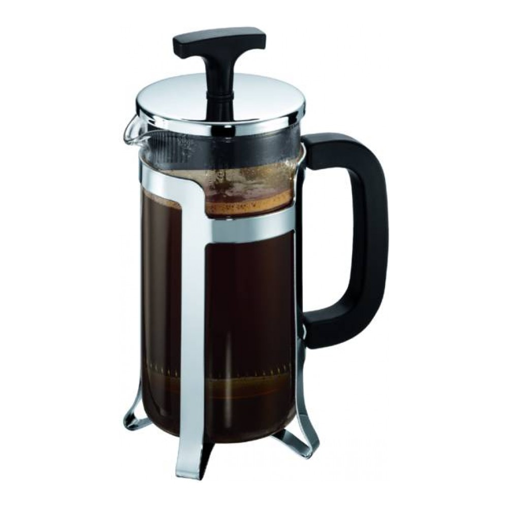 Кофейник с прессом Bodum Jesper, 0.35 л, цвет: хром. 10414-1654 009312 Кофейник с прессом Bodum Jesper, 0.35 л, цвет: хром. 10414-1654 009312Кофейник Bodum Jesper изготовлен из высококачественного стекла и оснащен фильтром french press из нержавеющей стали, который позволяет легко и просто приготовить отличный напиток. Кофейник оснащен удобной пластиковой ручкой, что исключает его выскальзывание из руки и помещен в оправу из пластика, которая эффективно защищает стекло. Настоящим ценителям натурального кофе широко известны основные и наиболее часто применяемые способы его приготовления: эспрессо, по-турецки, гейзерный. Однако существует принципиально иной способ, известный как french press, благодаря которому приготовление ароматного напитка стало гораздо проще.