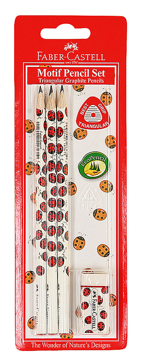 Faber-Castell Чернографитовый карандаш Triangular цвет корпуса белый красный 3 шт + ластик2010440 Faber-Castell Чернографитовый карандаш Triangular цвет корпуса белый красный 3 шт + ластик2010440Чернографитовый карандаш Faber-Castell Triangular станет не только идеальным инструментом для письма, рисования или черчения, но и дополнит ваш имидж. Трехгранный корпус выполнен из натуральной древесины и оформлен рисунком с божьими коровками. Высококачественный прочный грифель не крошится и не ломается при заточке. Качественная мягкая древесина обеспечивает хорошее затачивание. Степень твердости - B.Ластик Faber-Castell идеально подходят для применения как в школе, так и в офисе. Обеспечивают высокое качество коррекции. В комплект входят 3 чернографитовых карандаша и ластик.