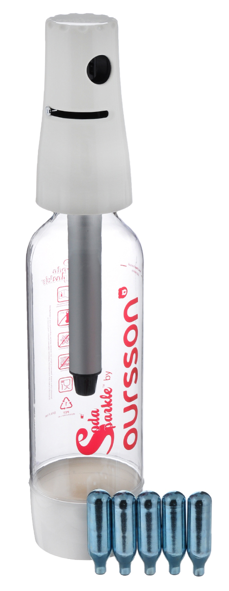 Сифон Oursson Soda Sparkle, цвет: прозрачный, белый, 1 лVT-1520(SR) Сифон Oursson Soda Sparkle, цвет: прозрачный, белый, 1 лVT-1520(SR)Сифон Oursson Soda Sparkle изготовлен из безопасного пищевогопластика (BPA free). С ним вы всегда легко и быстро сможете приготовить любимый газированный напиток. К сифону прилагается многоразовая бутылка с винтовой крышкой и 5 металлических баллонов с газом СО2. Не подходит для мытья в посудомоечной машине или горячей воде.Высота головки сифона: 12,5 см.Длина зарядного стержня: 14 см.Диаметр бутылки (по верхнему краю): 4 см.Диаметр основания бутылки: 8 см.Высота бутылки: 29 см. Размеры баллона: 6,5 см х 1,8 см см х 1,8 см. Содержание газа: 8 г.