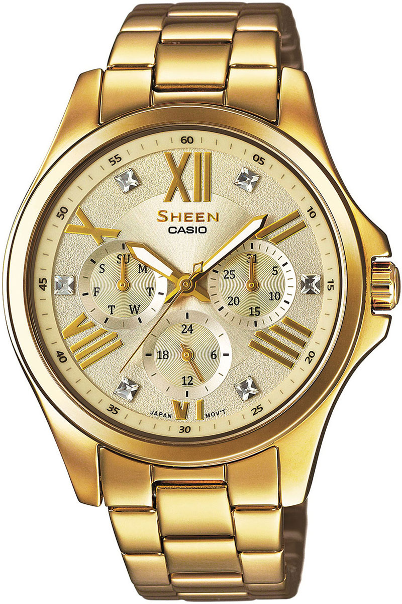 Часы женские наручные Casio, цвет: золотистый. SHE-3806GD-9ABM8434-58AE Часы женские наручные Casio, цвет: золотистый. SHE-3806GD-9ABM8434-58AEНаручные часы Casio произведены опытными специалистами из материалов самого высокого качества на базе новейших технологий. Часы прошли тщательную проверку и контроль качества.Часы оснащены японским кварцевым механизмом. Корпус выполнен из высококачественной нержавеющей стали с IP покрытием. Циферблат оформлен накладными знаками в виде римских цифр и отметок, защищен минеральным стеклом и декорирован кристаллами Swarovski. Часы имеют три стрелки: часовую, минутную и секундную. Светонакопительное покрытие необрит на стрелках продолжает светиться в темноте даже после непродолжительного пребывания на свету. Браслет часов выполнен из из высококачественной нержавеющей стали с IP покрытием и оснащен застежкой-клипсой. Часы имеют дополнительные функции: индикатор даты, дня недели, 12/24-часовой формат времени. Часы укомплектованы паспортом с подробной инструкцией и упакованы в оригинальную фирменную коробку.Характеристики: Длина браслета (с учетом корпуса): 22,5 см.Ширина браслета: 1,5 см.Диаметр корпуса: 5,5 см.Диаметр циферблата: 3,5 см.