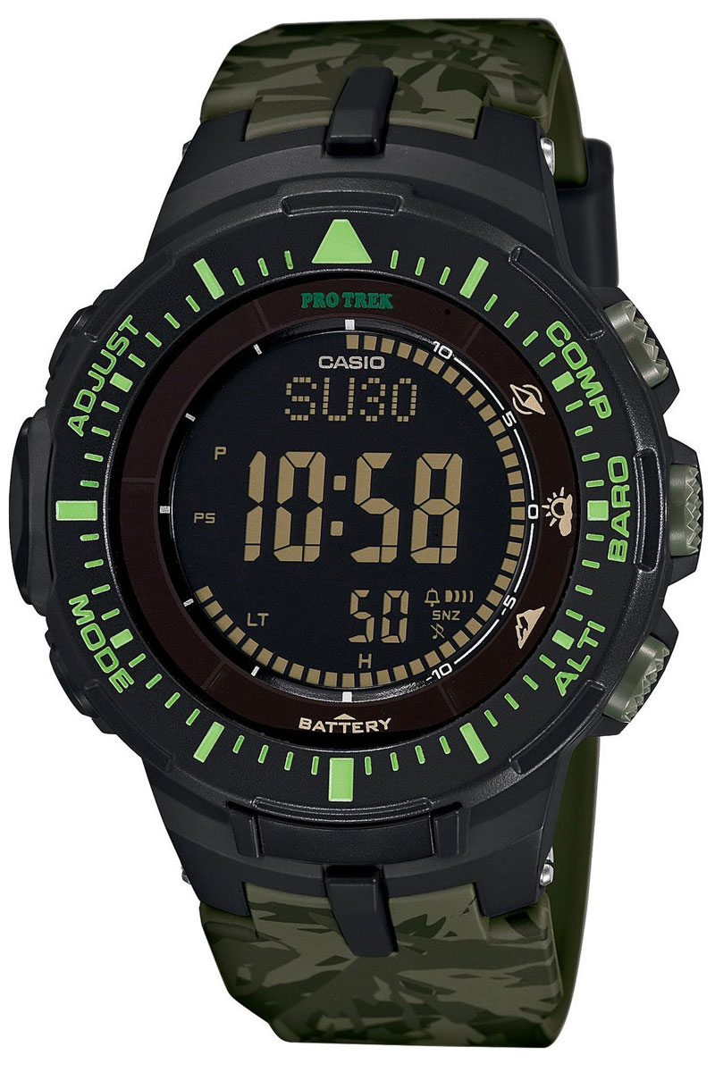 Часы мужские наручные Casio Pro Trek, цвет: черный, зеленый. PRG-300CM-3ERBM8434-58AE Часы мужские наручные Casio Pro Trek, цвет: черный, зеленый. PRG-300CM-3ERBM8434-58AEМногофункциональные часы Casio Pro Trek выполнены из полимерного материала, нержавеющей стали и минерального стекла. Корпус часов дополнен символикой бренда, браслет оформлен принтом камуфляж.Корпус изделия изготовлен из полимерного материала с элементами из нержавеющей стали и имеет степень влагозащиты равную 10 atm. Часы оснащены долговечным механизмом. Дополнительные функции часов: -Полностью автоматическая светодиодная подсветка: поворот руки при недостаточном освещении обеспечит автоматическое включение подсветки дисплея. -Солнечная батарея: солнечная подзаряжающаяся батарейка обеспечивает питание часов для работы. -Устойчивость к низким температурам (-10 °C): даже температура ниже-10°C не оказывает никакого влияния на эти часы.-Цифровой компас: встроенный цифровой компас определяет северный магнитный полюс. -Барометр (260/1.100 hPa): специальный датчик измеряет давление воздуха (диапазон измерений составляет 260/1100 гПа, 1 гПа = 0,75 мм рт. ст. или 1 мм рт. ст. = 1,333 гПа) и отображает измеренное значение на экране в виде символа. Это дает возможность заранее определить изменения погоды. -Термометр (-10°C/+60°C): датчик измеряет температуру окружающего воздуха вокруг часов и отображает ее на экране в градусах°C (-10°C/+60°C). -Высотометр 10,000 м: встроенный датчик давления определяет изменения в атмосферном давлении и преобразовывает полученные результаты в абсолютную высоту до 10 000 м.-График набора высоты: суммирует количество метров, на которое вы поднялись за один период времени таким образом, что вы сразу же сможете увидеть общий подъем, выполненный на одном отрезке пути. - Память данных высотометра: в зависимости от модели в памяти данных часов можно сохранить до 40 записей о высотных точках рельефа местностии получить к ним доступ в любое время. Каждая из этих записей состоит из измеренной абсолютной высоты, а также даты и времени.В дополнение к отдельным абсолютным высотам также сохраняется максимальное и минимальное значение абсолютной высоты за время измерений. -Данные о восходе/закате солнца: после введения географического местоположения, на экране будет отображаться восход и закат солнца для любой установленной даты. -Мировое время: отображение текущего времени в основных городах и конкретных областях по всему миру. -Секундомер 1/10 сек.-1.000 часов: прошедшее время измеряется с точностью в 1/10 секунды. Пределы измерения достигают 1000 часов.-Таймер 1/1 мин.-24 часа: таймеры обратного отсчета напомнят вам о текущих или особенных событиях, издав звуковой сигнал в установленное время. Время можно предварительно настроить от 1 минуты и до 24 часов. Идеальное решение для людей, которым необходимо ежедневнопринимать лекарства или выполнять промежуточные упражнения (тренировки).-5 ежедневных будильников: будильник напомнит вам о повторяющихся событиях с помощью звукового сигнала, установленного вами на определенное время. Вы также можете активировать почасовой сигнал времени, сообщающий о каждом полном часе. Эта модель имеет пять независимых будильников для оповещения о важных встречах.-Функция повтора будильника: каждый раз, когда вы выключаете звуковой сигнал, он прозвучит повторно спустя несколько минут.-Включение/выключение звука кнопок: можно отключить звук при нажатии кнопок. Это означает, чточасы больше не будут издавать звуковой сигнал при переключении от одной функции на другую. Заранее установленные звуковые сигналы или таймеры обратного отчета остаются активными, если звук кнопок отключен.-Автоматический календарь: после настройки автоматический календарь всегда отображает точную дату. -12/24-часовое отображение времени: отображение времени можно в 12-часовом или 24-часовом формате.-Индикатор уровня заряда батарейки: этот индикатор отображает текущий уровень заряда батарейки.-Водонепроницаемость (10 Бар): идеально подходит дляплавания с маской и трубкой, часы являются водонепроницаемыми до 10 Бар/на глубине до 100 метров. Значение метров не относится к глубине погружения, но относится к атмосферному давлению, используемого в процессе испытания на водонепроницаемость (ISO 2281). -Точность +/- 15 сек в месяц.Прочное, устойчивое к царапинам минеральное стекло защищает часы от повреждений. Браслет изделия выполнен из долговечного полимерного материала и дополнен практичной застежкой-пряжкой, которая позволит моментально снимать и одевать часы без лишних усилий.Изделие поставляется в фирменной упаковке.Часы Casio подчеркнут отменное чувство стиля у их обладателя.