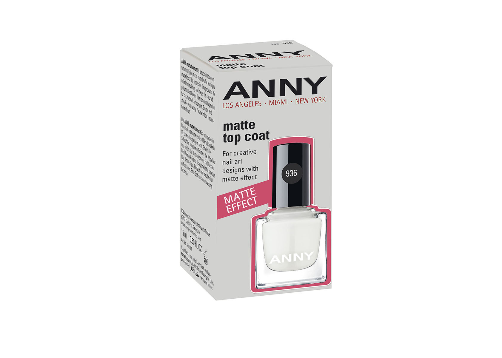 ANNY Верхнее покрытие с матовым эффектом nail polish matte top coat, 15 млIQTR012 ANNY Верхнее покрытие с матовым эффектом nail polish matte top coat, 15 млIQTR012Верхнее покрытие с матовым эффектом nail polish matte top coat. Специальное покрытие с матирующими микрочастицами для создания уникального матового эффекта. Защитное матовое покрытие легко и ровно наносится и повышает стойкость лака. Простой способ добиться матового\бархатного эффекта в маникюре!