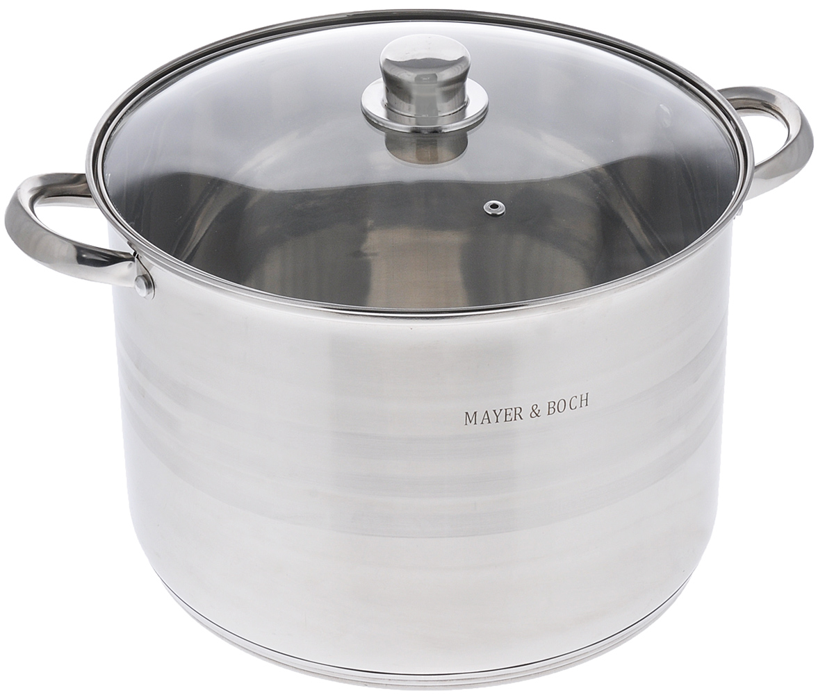 Кастрюля Mayer & Boch Modern с крышкой, 14,8 л54 009303 Кастрюля Mayer & Boch Modern с крышкой, 14,8 л54 009303Кастрюля Mayer & Boch Modern изготовлена из высококачественной нержавеющей стали.Кастрюли из такого материала предназначены для здорового и экологичного приготовления пищи. Сочетание зеркальной и матовой полировки придает посуде эстетичный вид. Кастрюля оснащена удобными ручками. Крышка изготовлена из жаропрочного стекла, оснащена металлическим ободом, отверстием для выпуска пара. Крышка плотно прилегает к стенкам посуды, сохраняя аромат блюд. Можно использовать на всех типах плит, включая индукционные. Можно мыть в посудомоечной машине.Диаметр: 30 см.Высота стенки: 21,5 см.Толщина стенки: 0,6 мм.Толщина дна: 4 мм.Ширина с учетом ручек: 40 см.